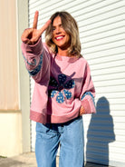 Daisy Days Patchwork Pullover-125 SWEATER-HEIMISH-Heathered Boho Boutique, Women's Fashion and Accessories in Palmetto, FL