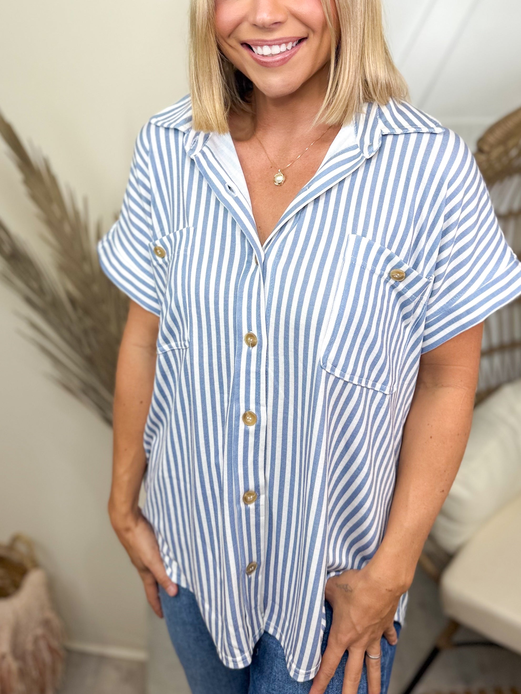Stripe a Pose Top-110 SHORT SLEEVE TOP-Blu Pepper-Heathered Boho Boutique, Women's Fashion and Accessories in Palmetto, FL
