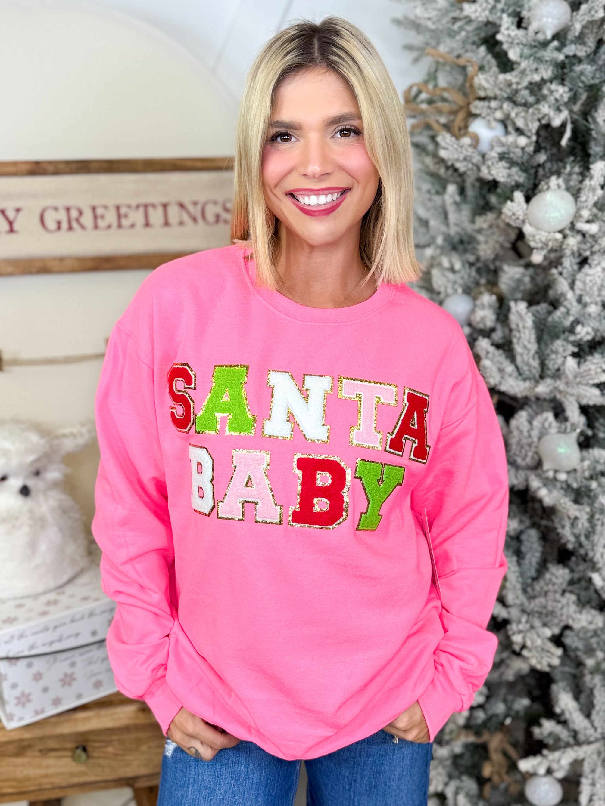 Santa Baby Ideal Chenille Christmas Graphic Sweatshirt-130 Graphic Tees-SUGAR STITCH-Heathered Boho Boutique, Women's Fashion and Accessories in Palmetto, FL