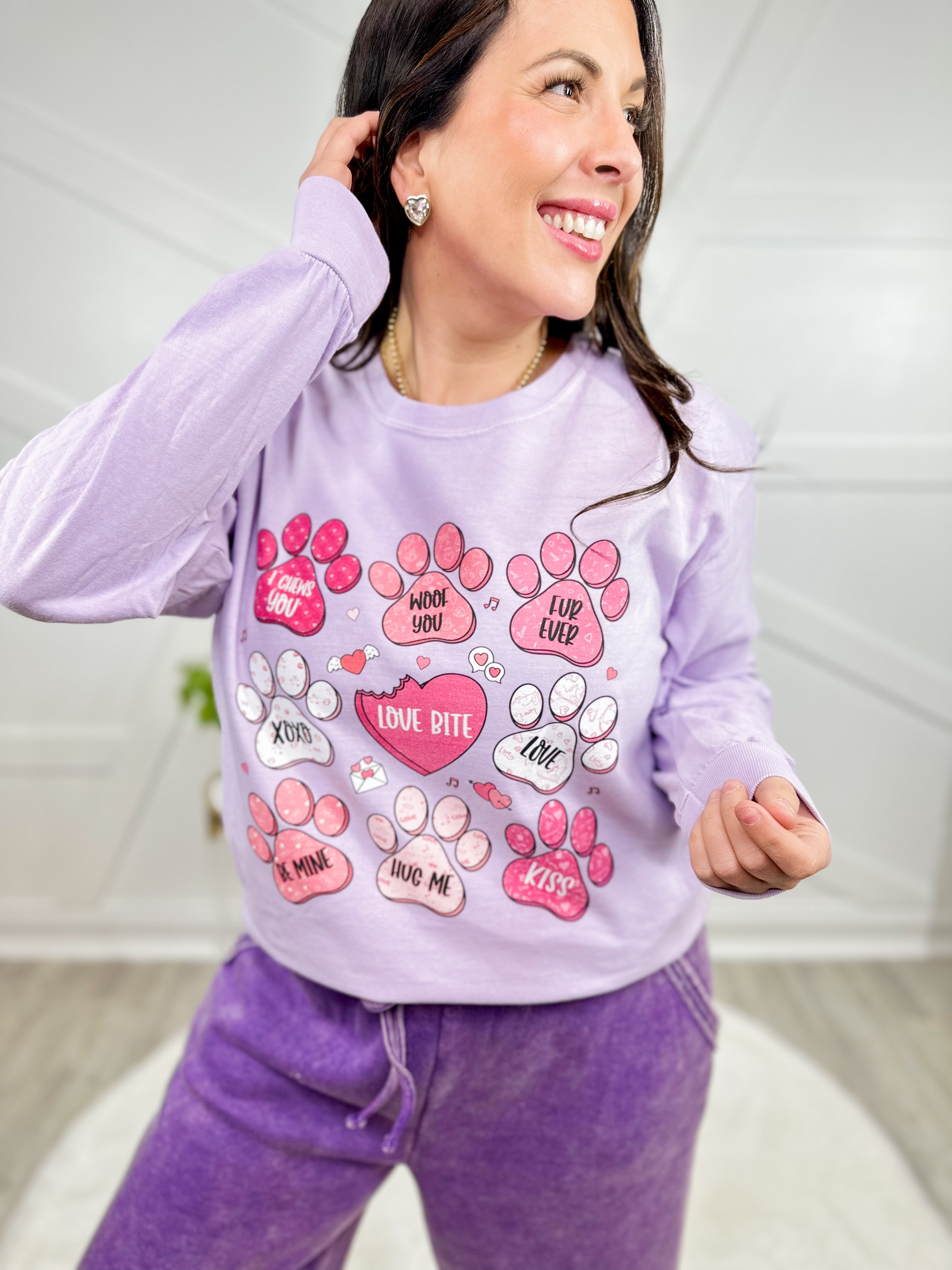 Paw Print Convo Hearts Graphic Long Sleeve - Orchid-130 Graphic Tees-Heathered Boho-Heathered Boho Boutique, Women's Fashion and Accessories in Palmetto, FL