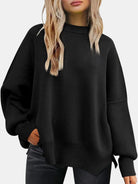 Round Neck Drop Shoulder Slit Sweater-Sweaters-Trendsi-Heathered Boho Boutique, Women's Fashion and Accessories in Palmetto, FL