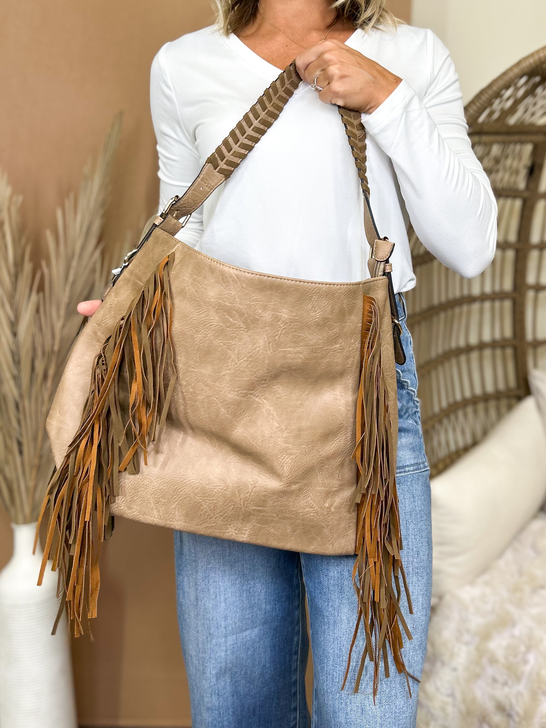 Sav Distressed Hobo Bag w/ Fringe Detail-320 Bags-Jen & Co.-Heathered Boho Boutique, Women's Fashion and Accessories in Palmetto, FL