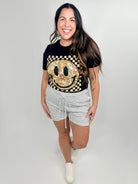 Autumn Checkered Smiley Graphic Tee-130 Graphic Tees-Heathered Boho-Heathered Boho Boutique, Women's Fashion and Accessories in Palmetto, FL