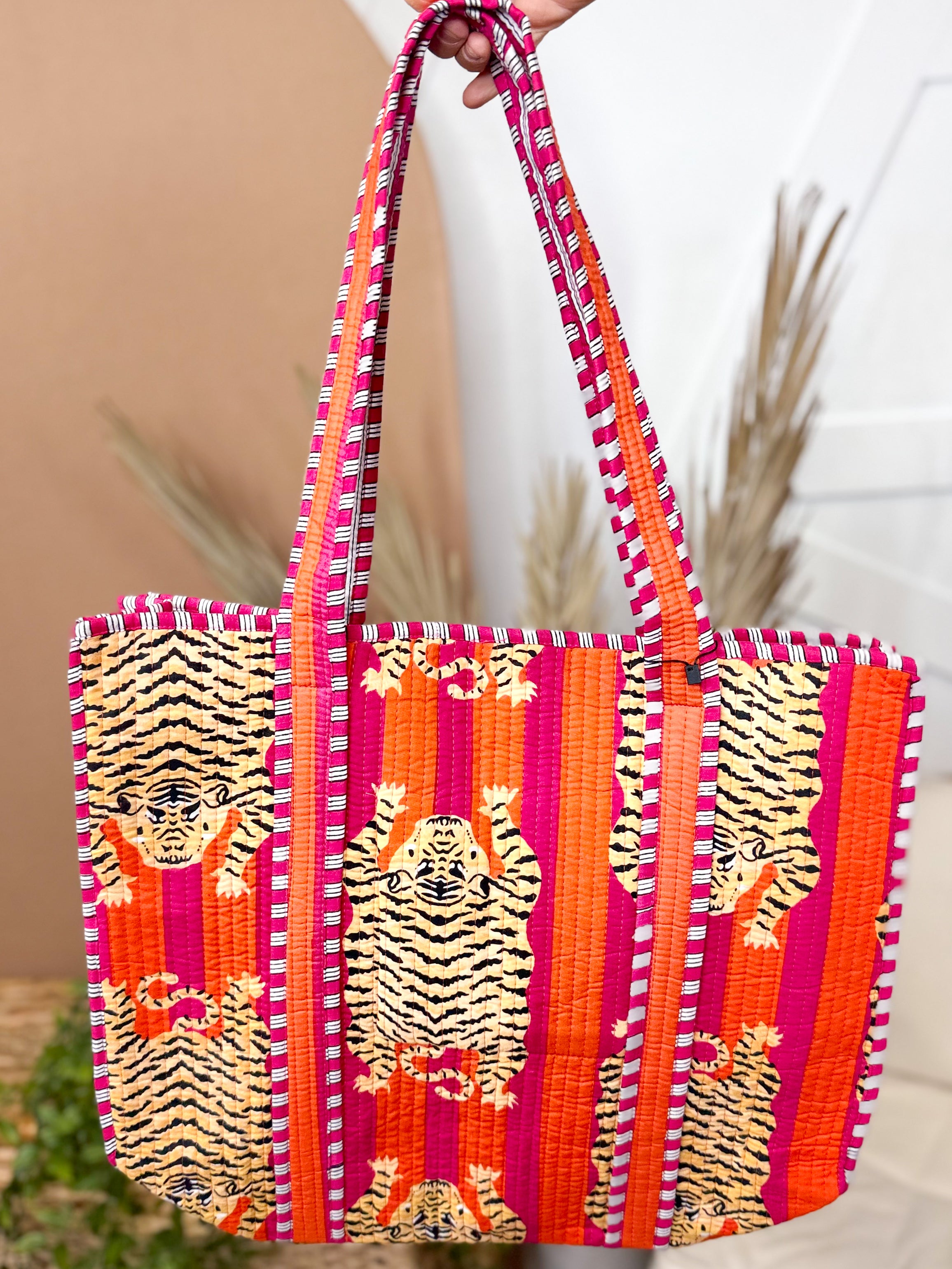 Crawling Tiger Quilted Tote Bag-320 BAGS-LA SOUL-Heathered Boho Boutique, Women's Fashion and Accessories in Palmetto, FL