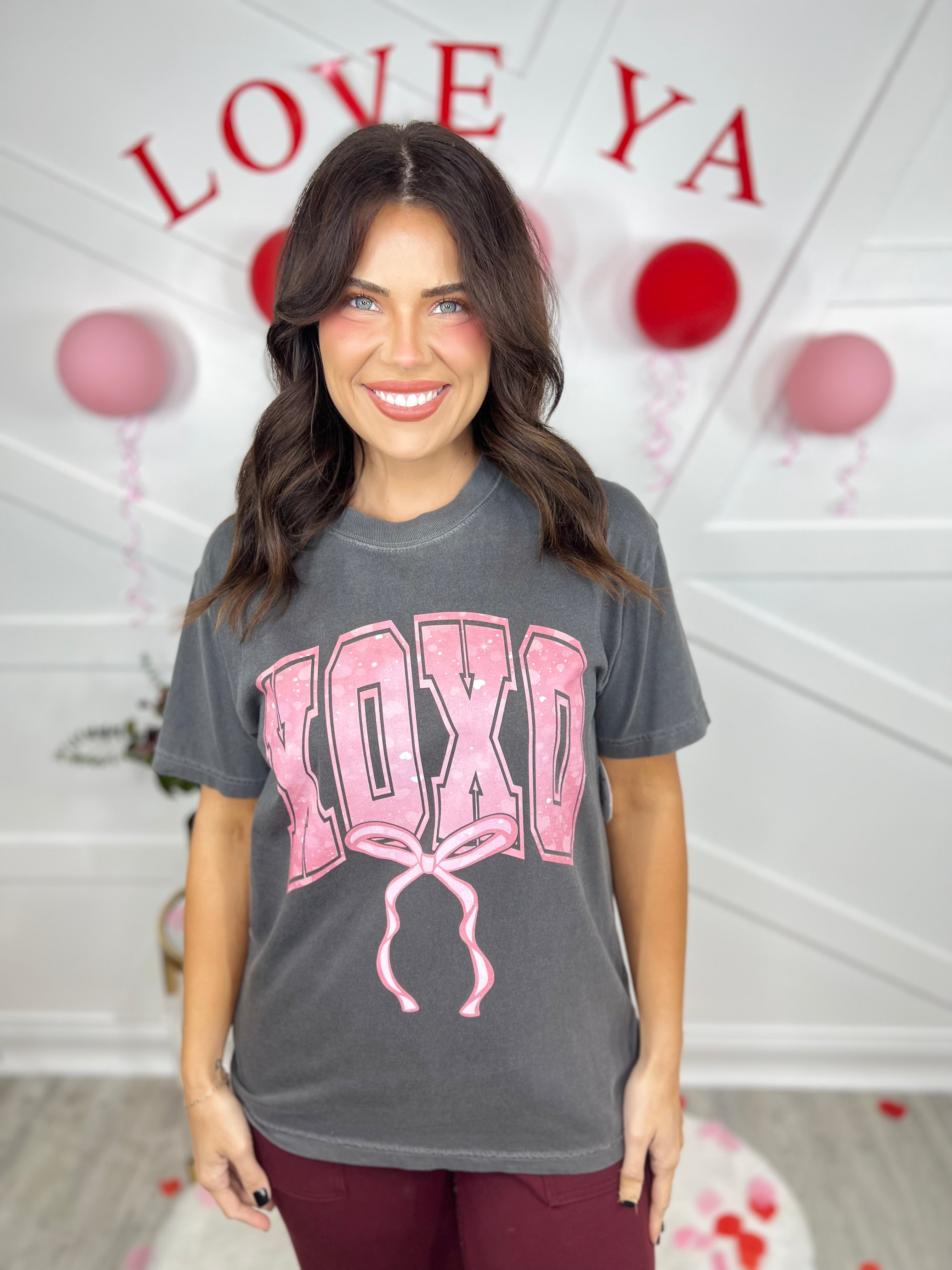 XOXO Bow Graphic Tee-130 Graphic Tees-Heathered Boho-Heathered Boho Boutique, Women's Fashion and Accessories in Palmetto, FL