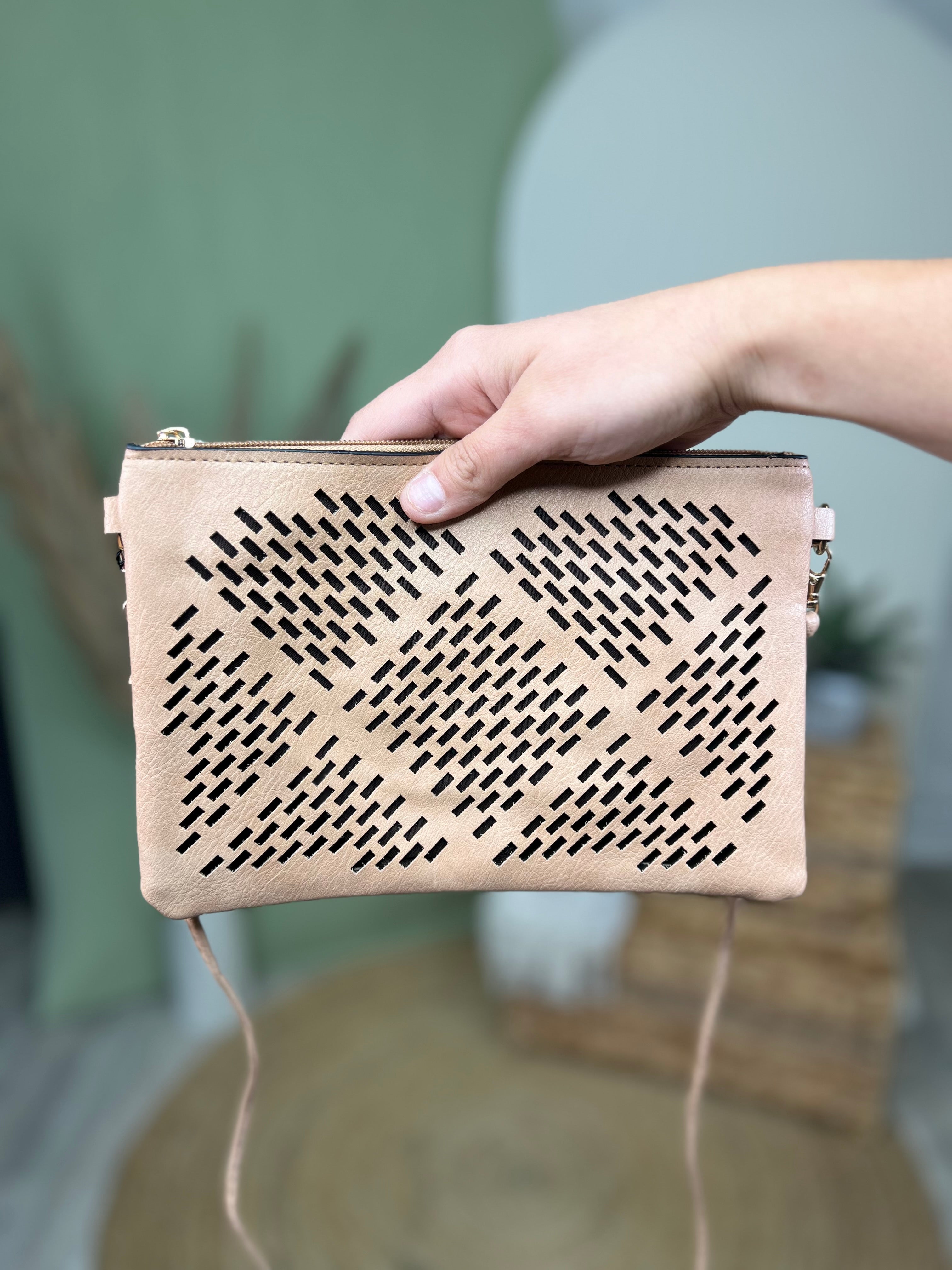 Laser Cut Geo Faux Leather Crossbody-320 Bags-Clovered Accessories-Heathered Boho Boutique, Women's Fashion and Accessories in Palmetto, FL
