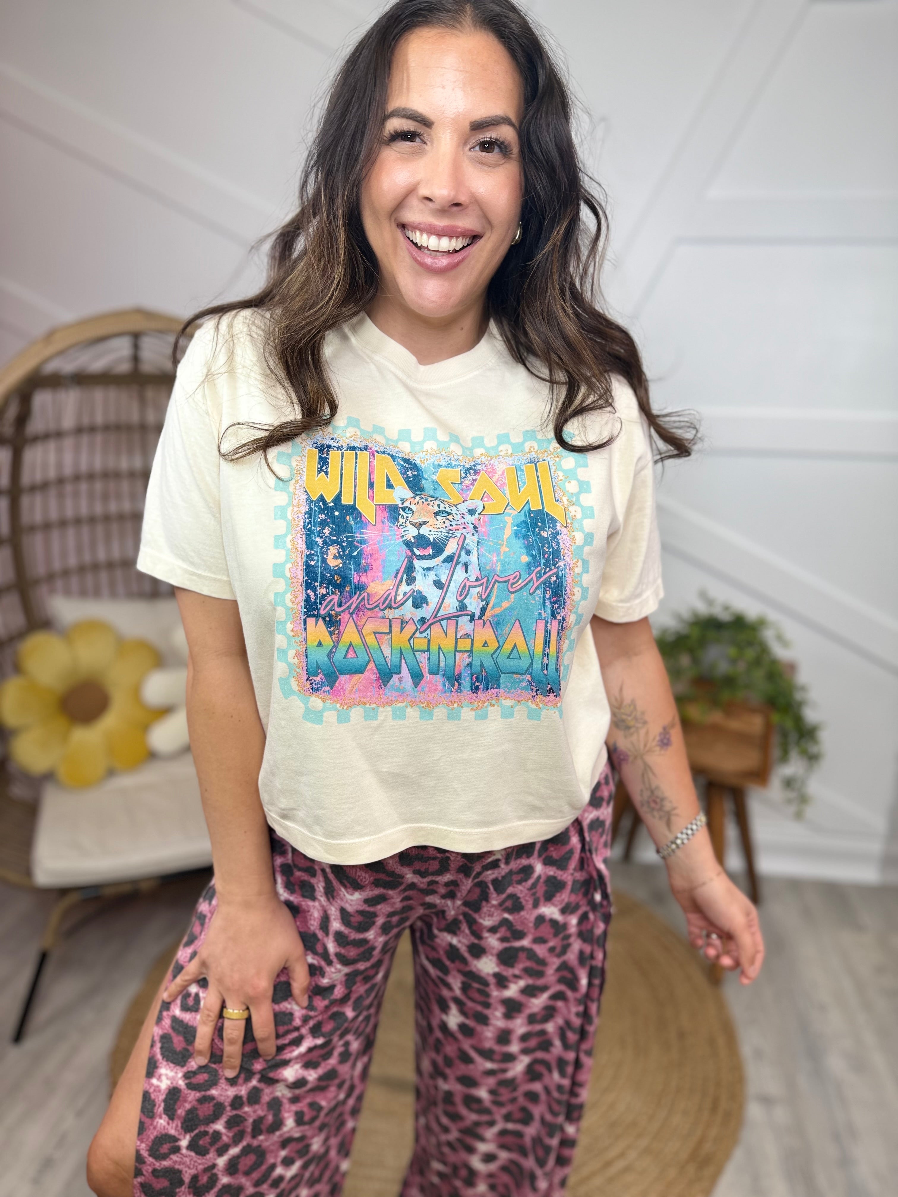 Wild Soul & Loves Rock N Roll BOXY Graphic Tee-130 Graphic Tees-Heathered Boho-Heathered Boho Boutique, Women's Fashion and Accessories in Palmetto, FL
