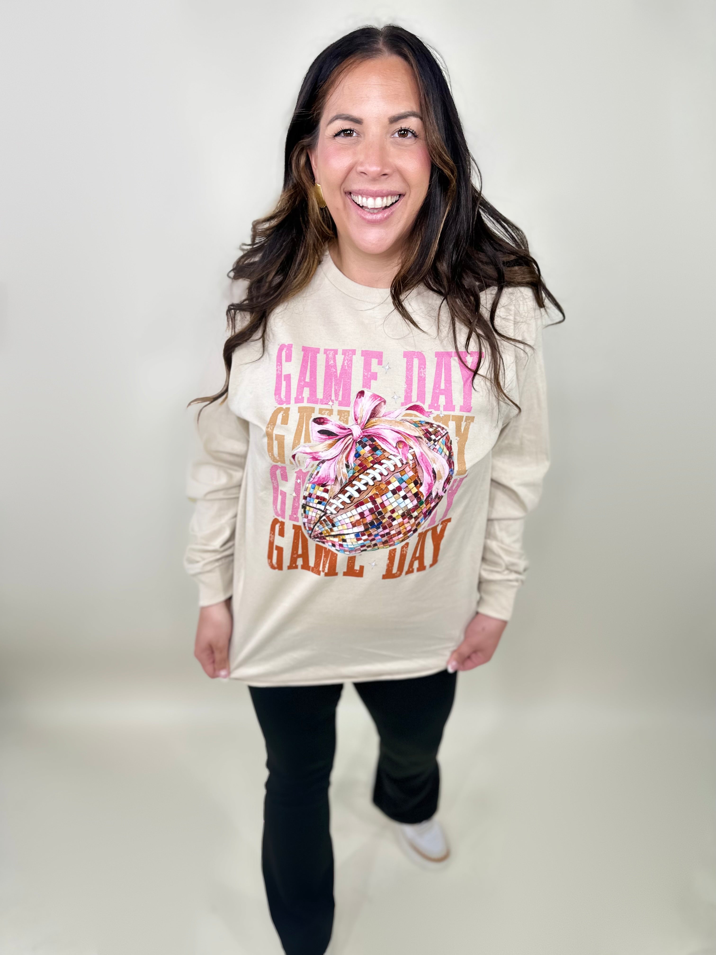 Game Day Disco Football Long Sleeve Graphic Tee-130 Graphic Tees-Heathered Boho-Heathered Boho Boutique, Women's Fashion and Accessories in Palmetto, FL