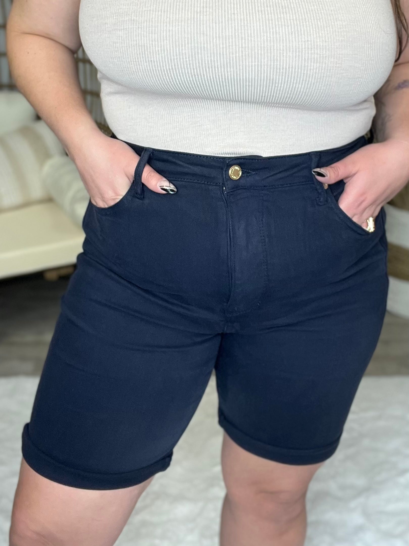 In the Blues TUMMY CONTROL Bermuda Shorts by Judy Blue-160 shorts-Judy Blue-Heathered Boho Boutique, Women's Fashion and Accessories in Palmetto, FL