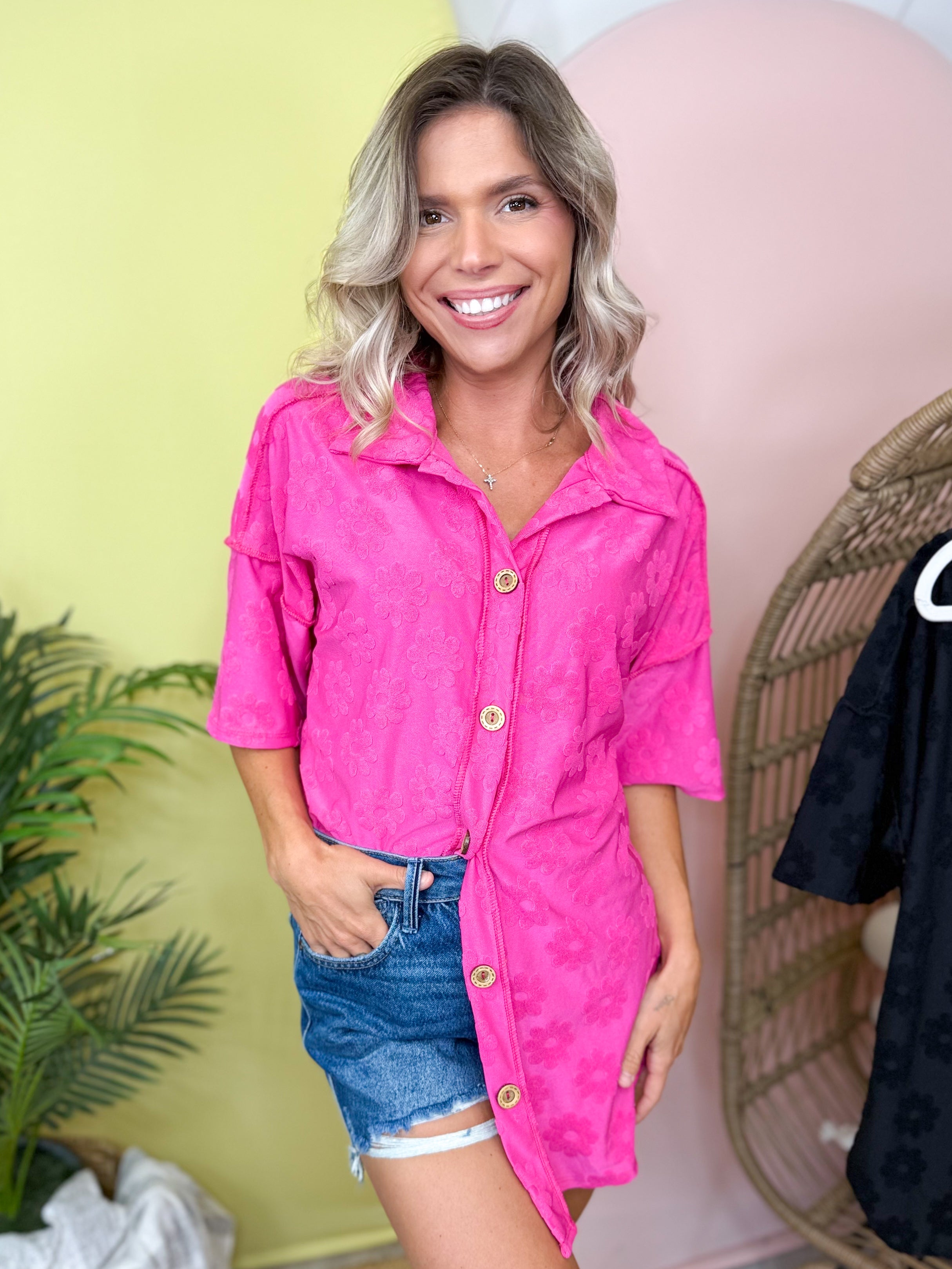 Petal Pop Button Shirt-110 SHORT SLEEVE TOP-HEIMISH-Heathered Boho Boutique, Women's Fashion and Accessories in Palmetto, FL