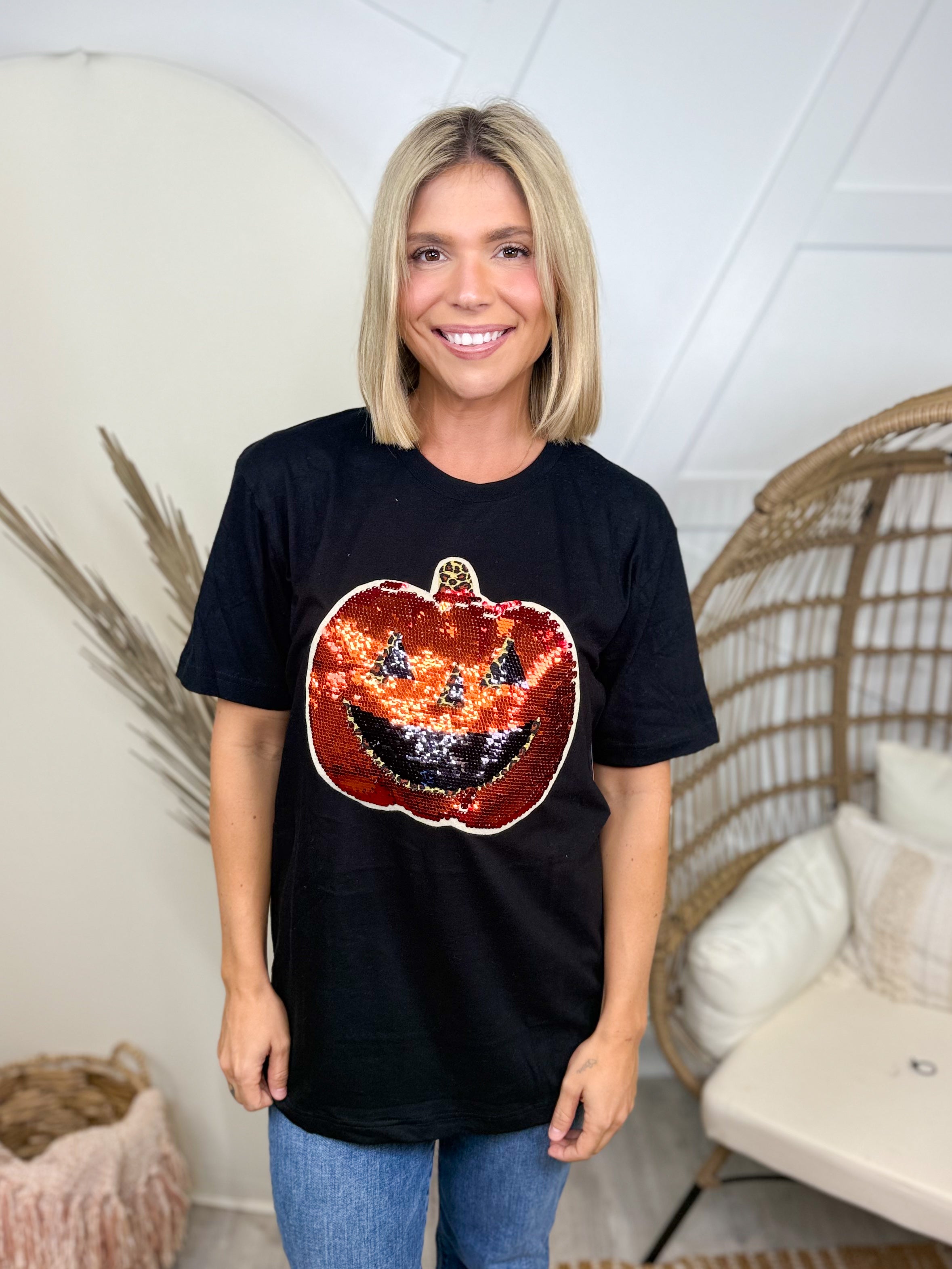 Sequin Pumpkin Black Crew Neck Top-130 Graphic Tees-Bling-A-GoGo-Heathered Boho Boutique, Women's Fashion and Accessories in Palmetto, FL