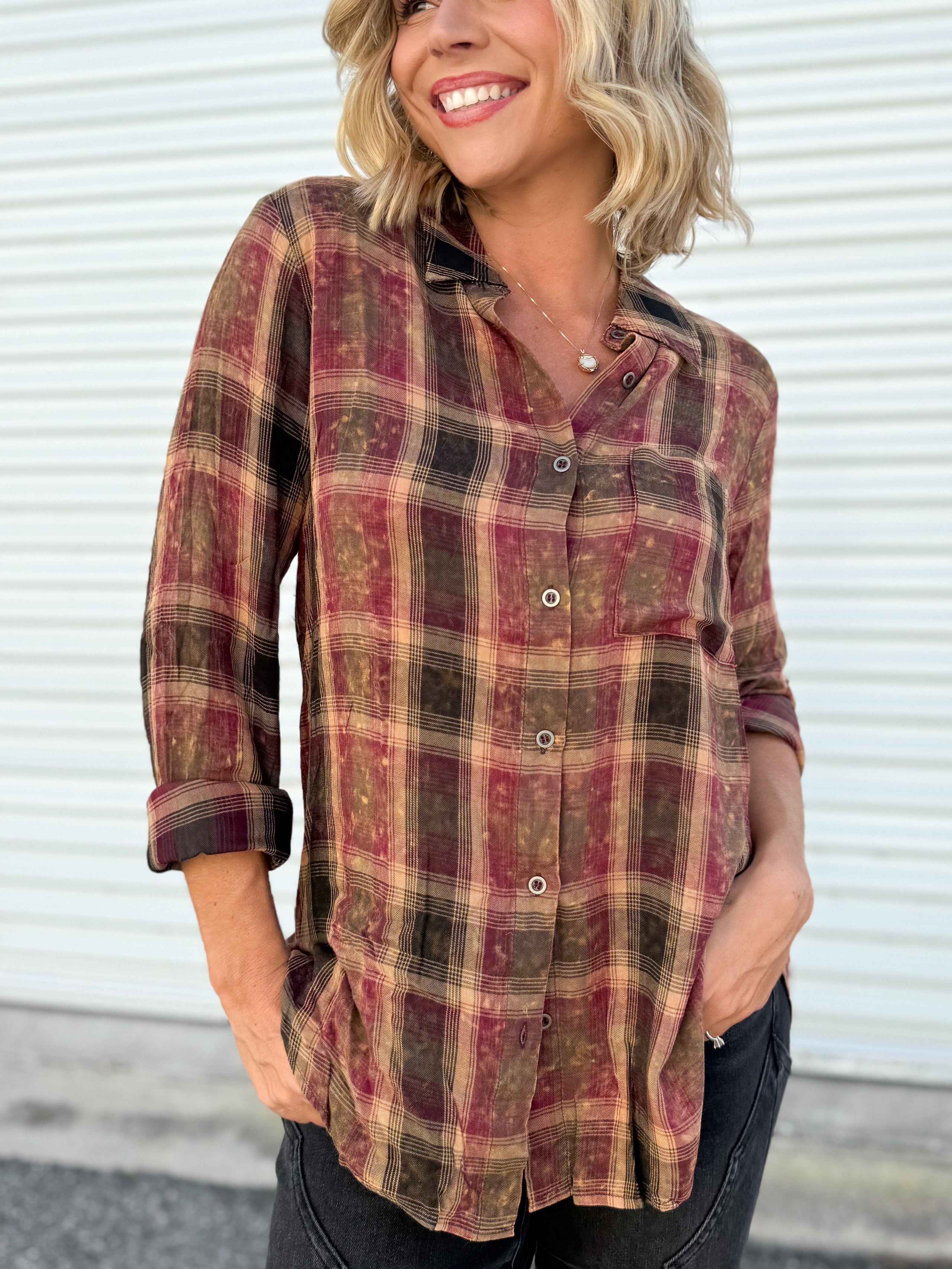 Remember Me Button Down Top-120 LONG SLEEVE TOPS-MYSTREE-Heathered Boho Boutique, Women's Fashion and Accessories in Palmetto, FL