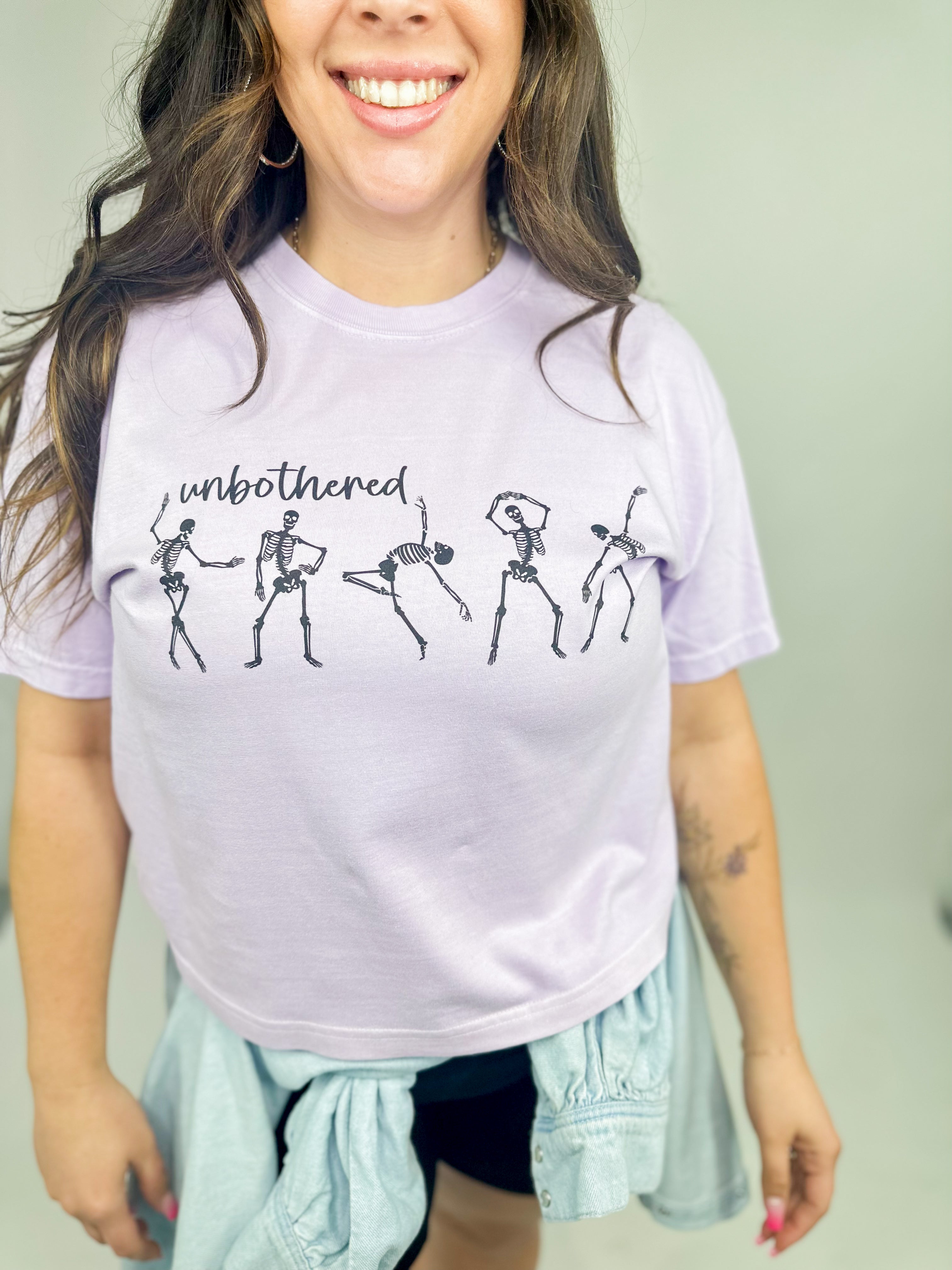 Unbothered Dancing Skeleton Boxy Graphic Tee-130 Graphic Tees-Heathered Boho-Heathered Boho Boutique, Women's Fashion and Accessories in Palmetto, FL