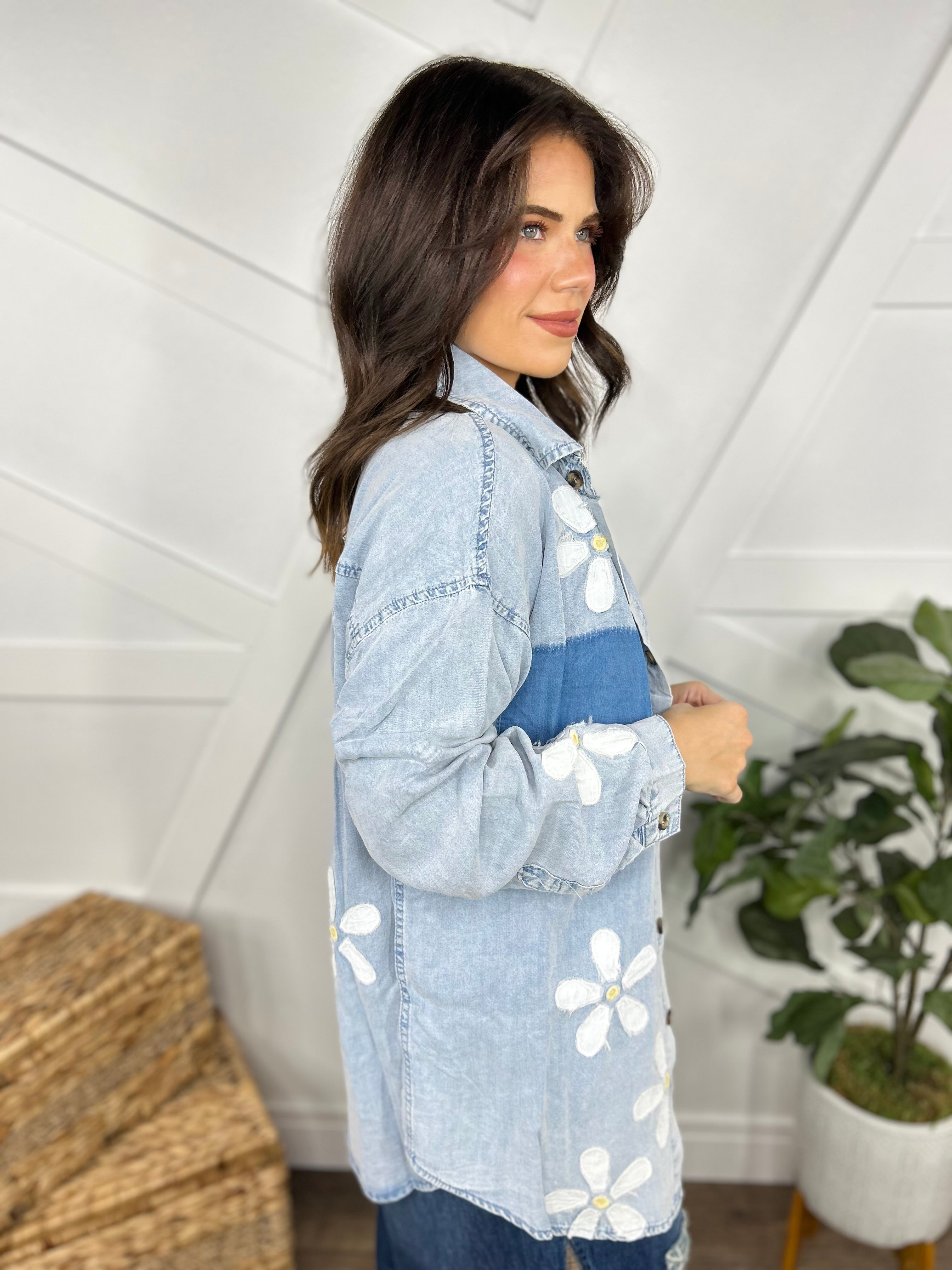 Floral Cut Button Down Top-120 Long Sleeve Tops-BlueVelvet-Heathered Boho Boutique, Women's Fashion and Accessories in Palmetto, FL