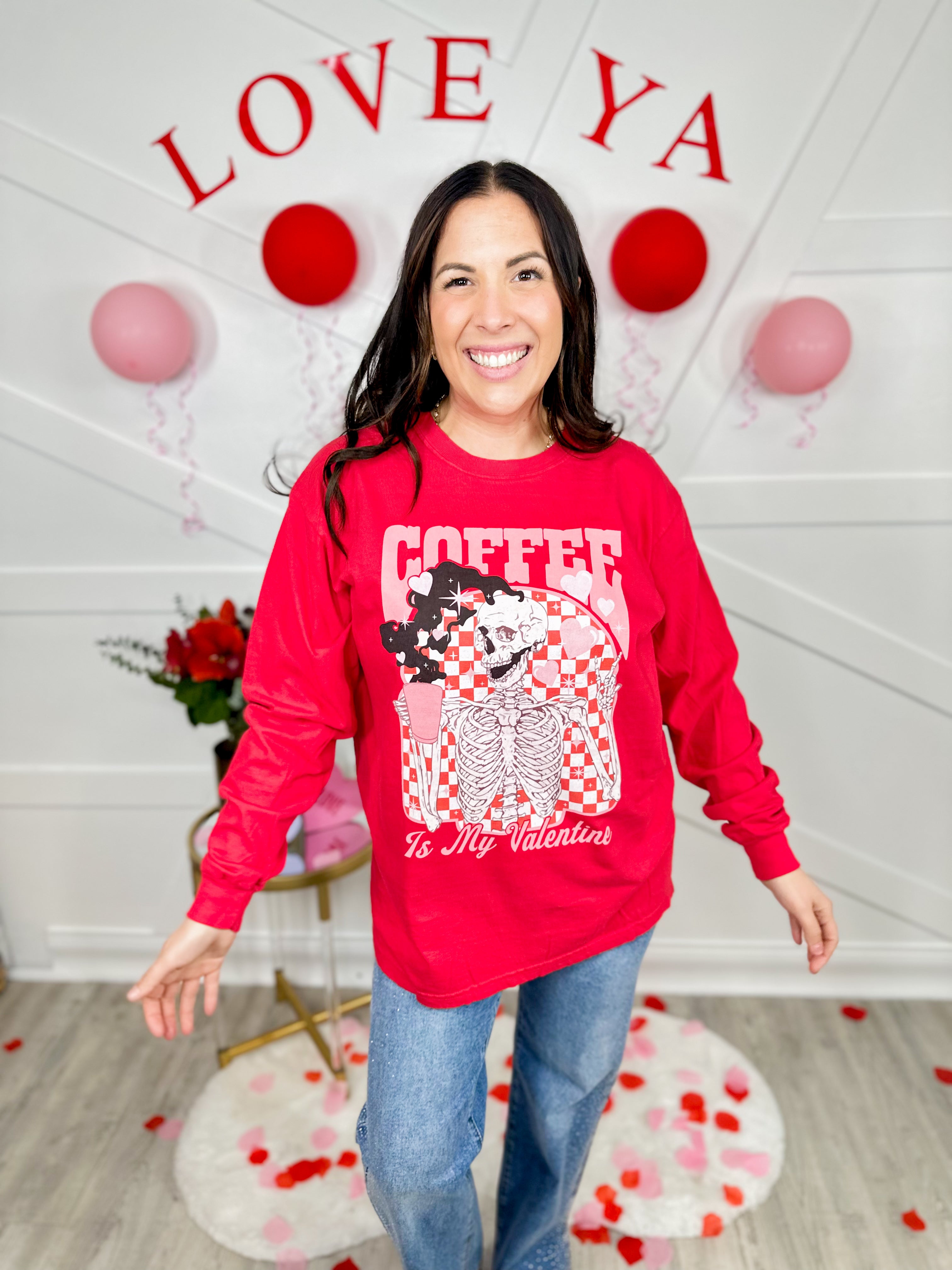 Coffee is my Valentine Graphic Long Sleeve-130 Graphic Tees-Heathered Boho-Heathered Boho Boutique, Women's Fashion and Accessories in Palmetto, FL