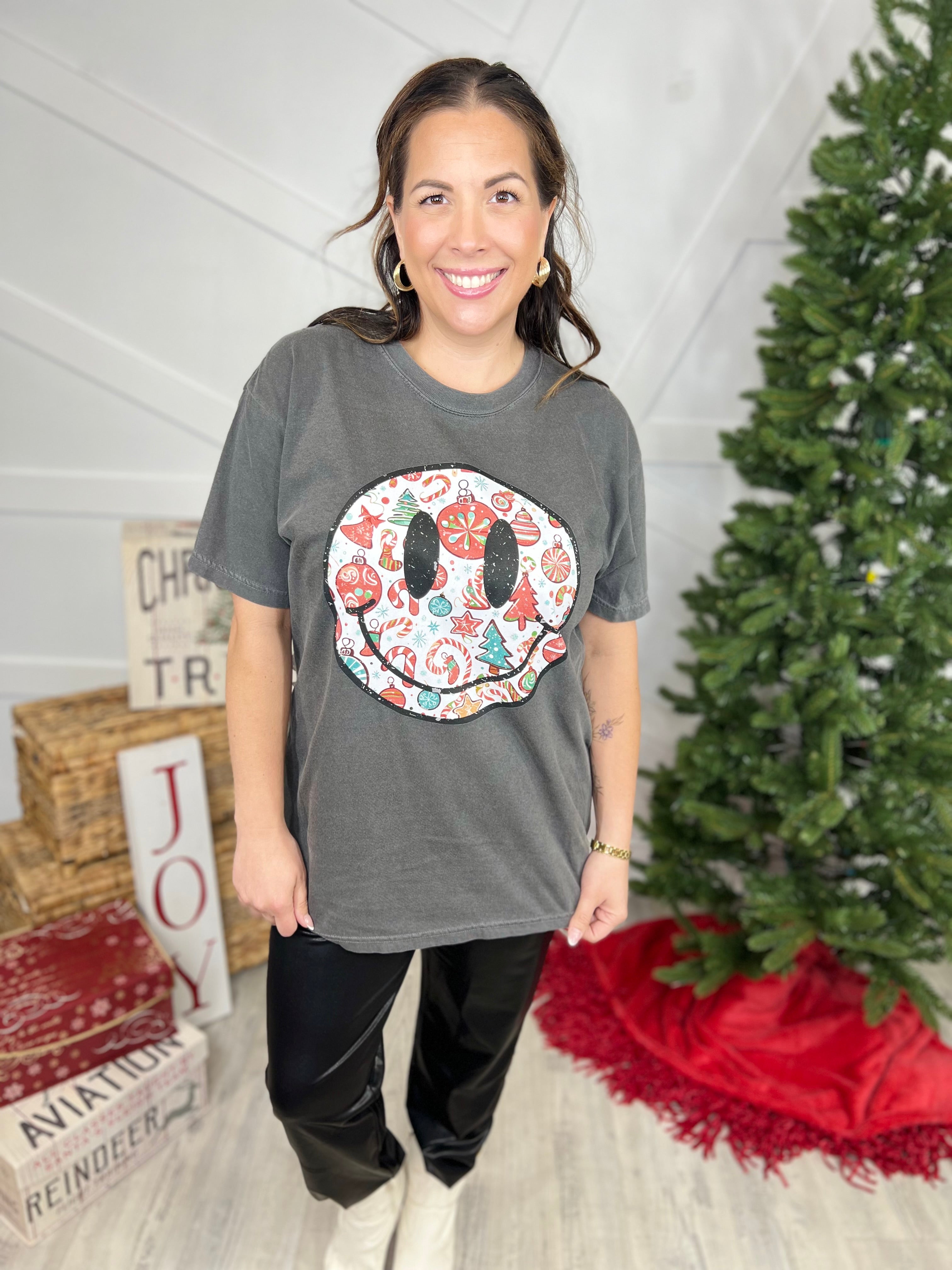 Christmas Smiley Face Graphic Tee-130 Graphic Tees-Heathered Boho-Heathered Boho Boutique, Women's Fashion and Accessories in Palmetto, FL