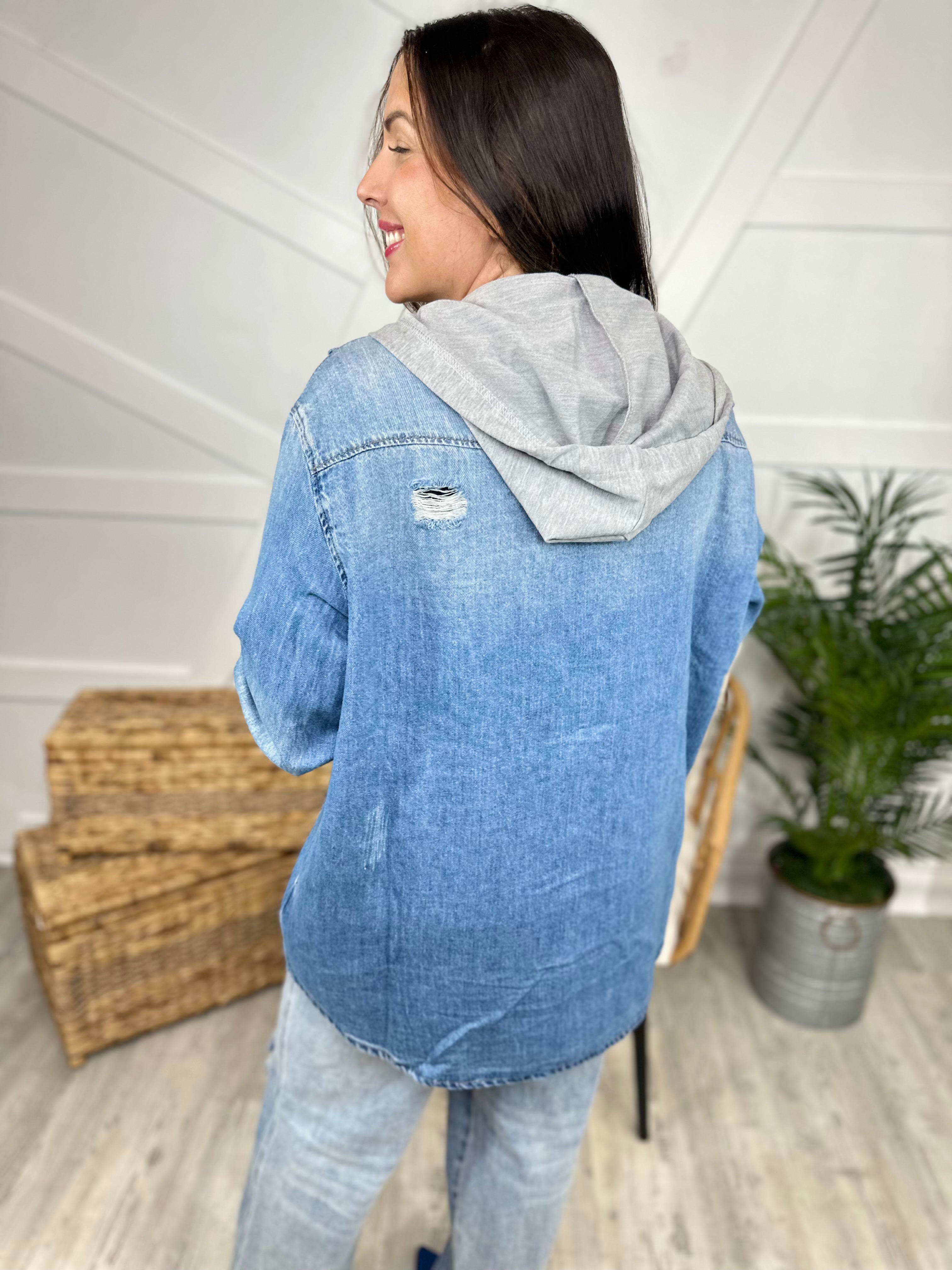 RESTOCK : Test of Time Denim Hoodie-210 Hoodies-Risen Jeans-Heathered Boho Boutique, Women's Fashion and Accessories in Palmetto, FL