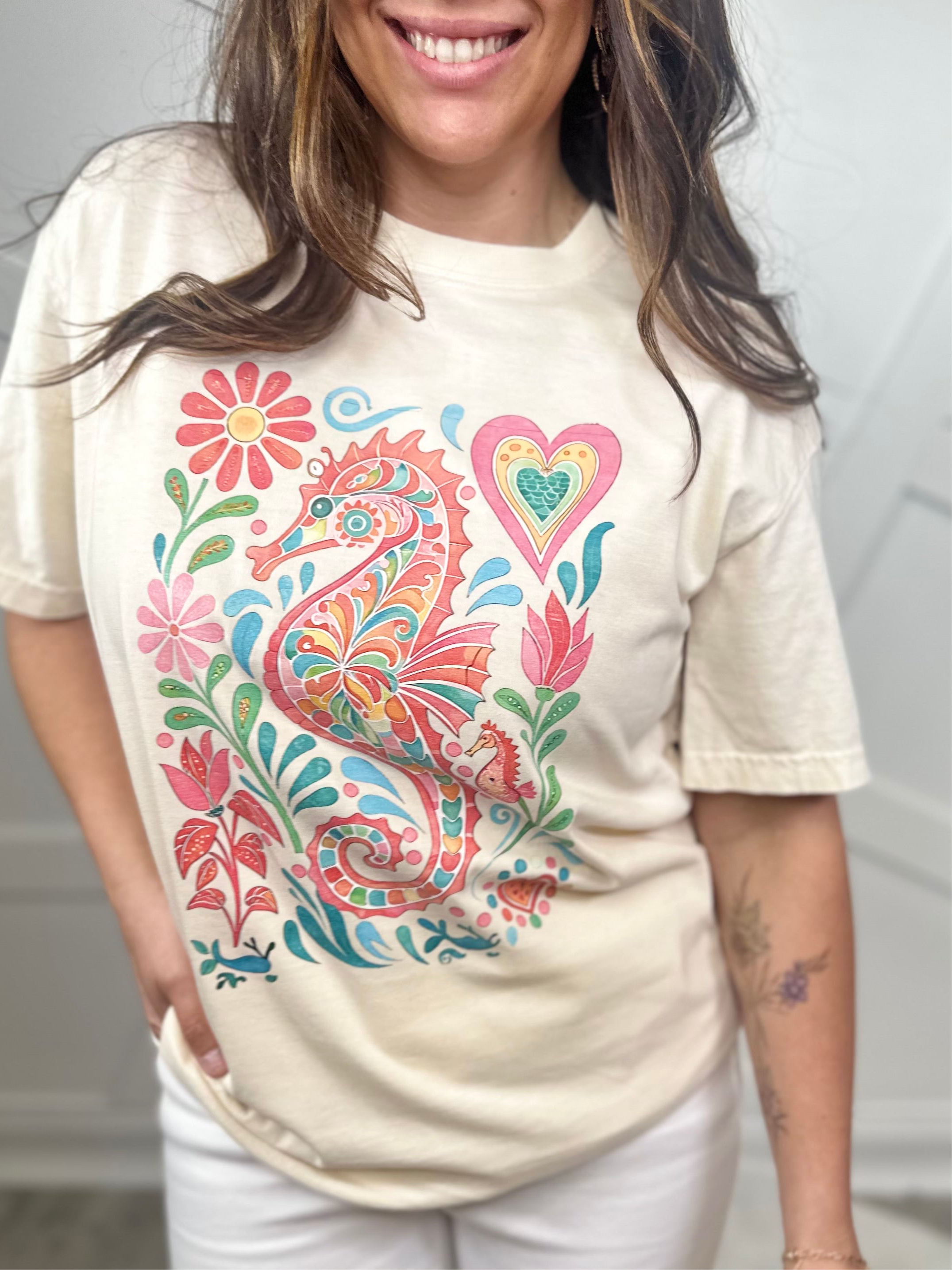 Seahorse Graphic Tee - Ivory-130 Graphic Tees-Heathered Boho-Heathered Boho Boutique, Women's Fashion and Accessories in Palmetto, FL