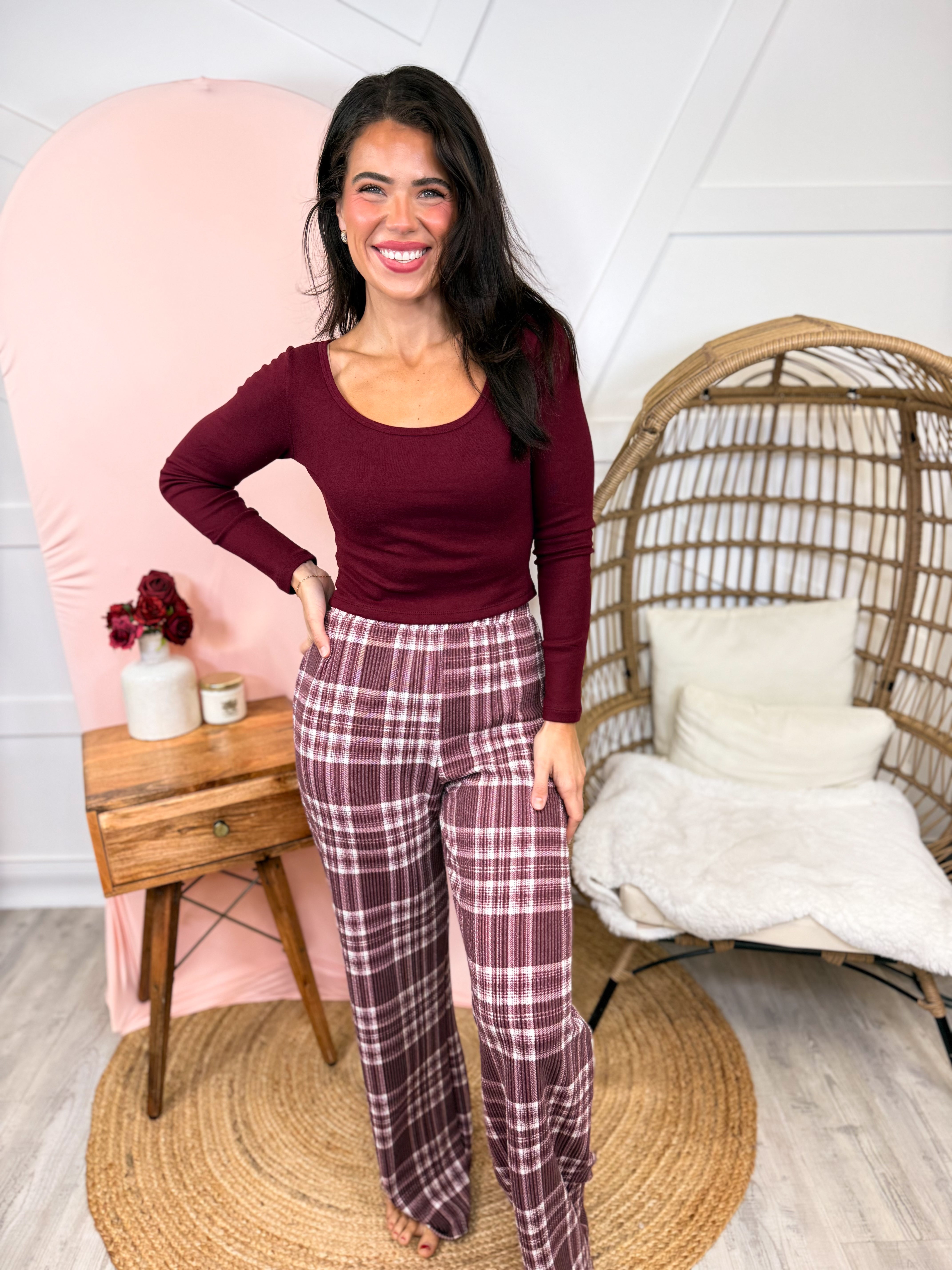 Pinterest Perfect Pants - Maroon Plaid-150 PANTS-Heathered Boho-Heathered Boho Boutique, Women's Fashion and Accessories in Palmetto, FL