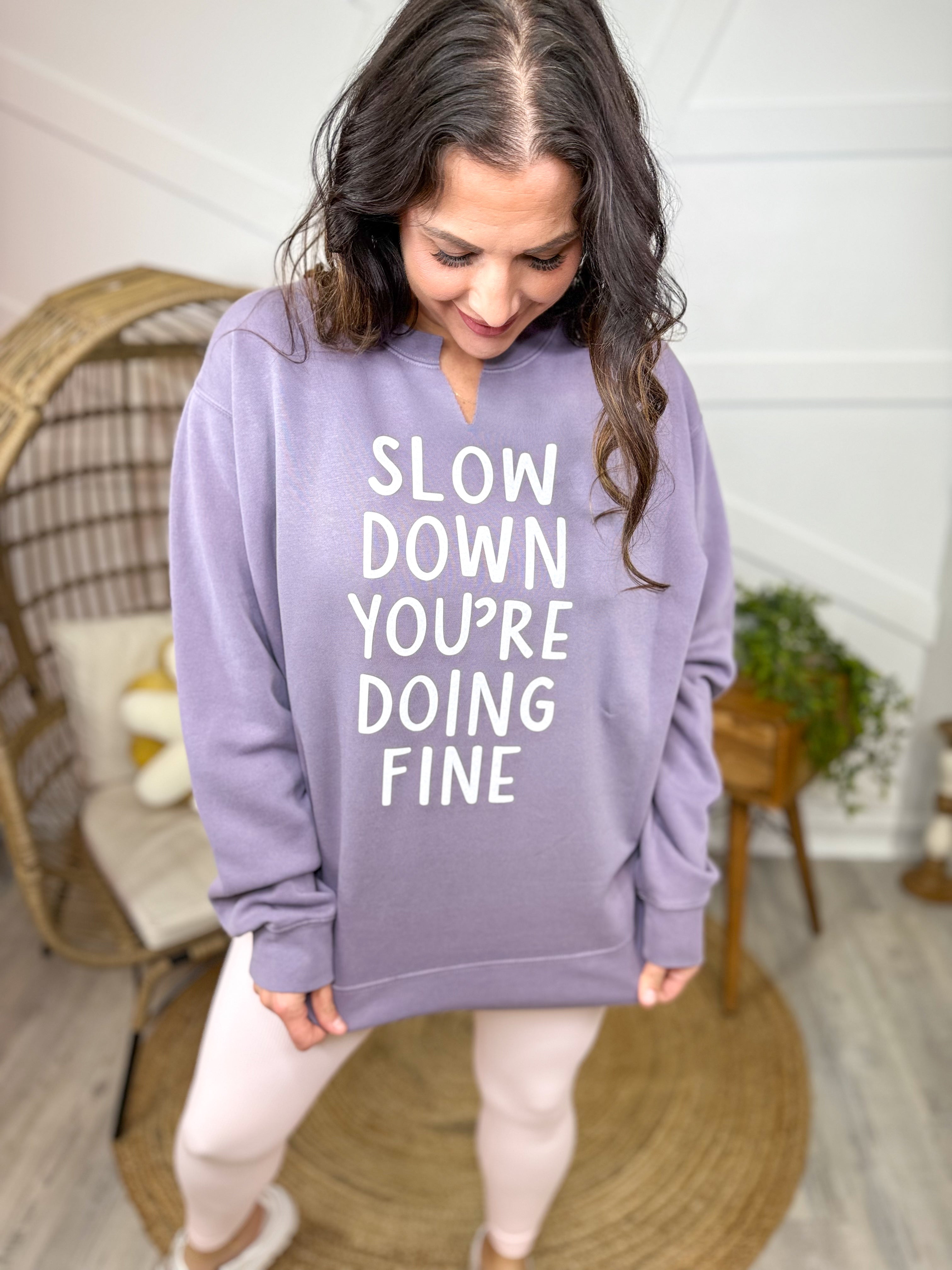 Slow Down Graphic Sweatshirt-130 Graphic Tees-Heathered Boho-Heathered Boho Boutique, Women's Fashion and Accessories in Palmetto, FL