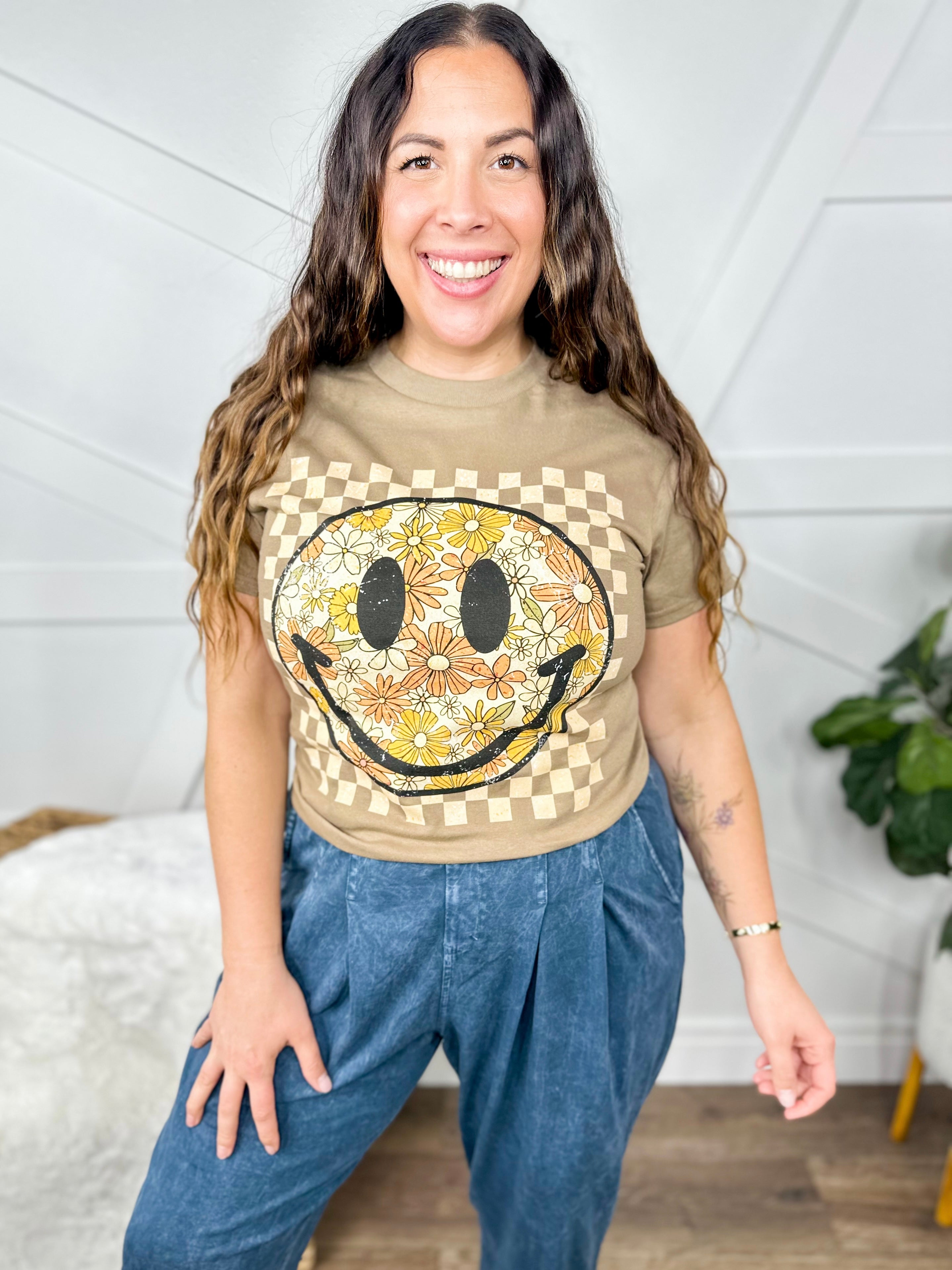 Autumn Checkered Smiley Graphic Tee-130 Graphic Tees-Heathered Boho-Heathered Boho Boutique, Women's Fashion and Accessories in Palmetto, FL