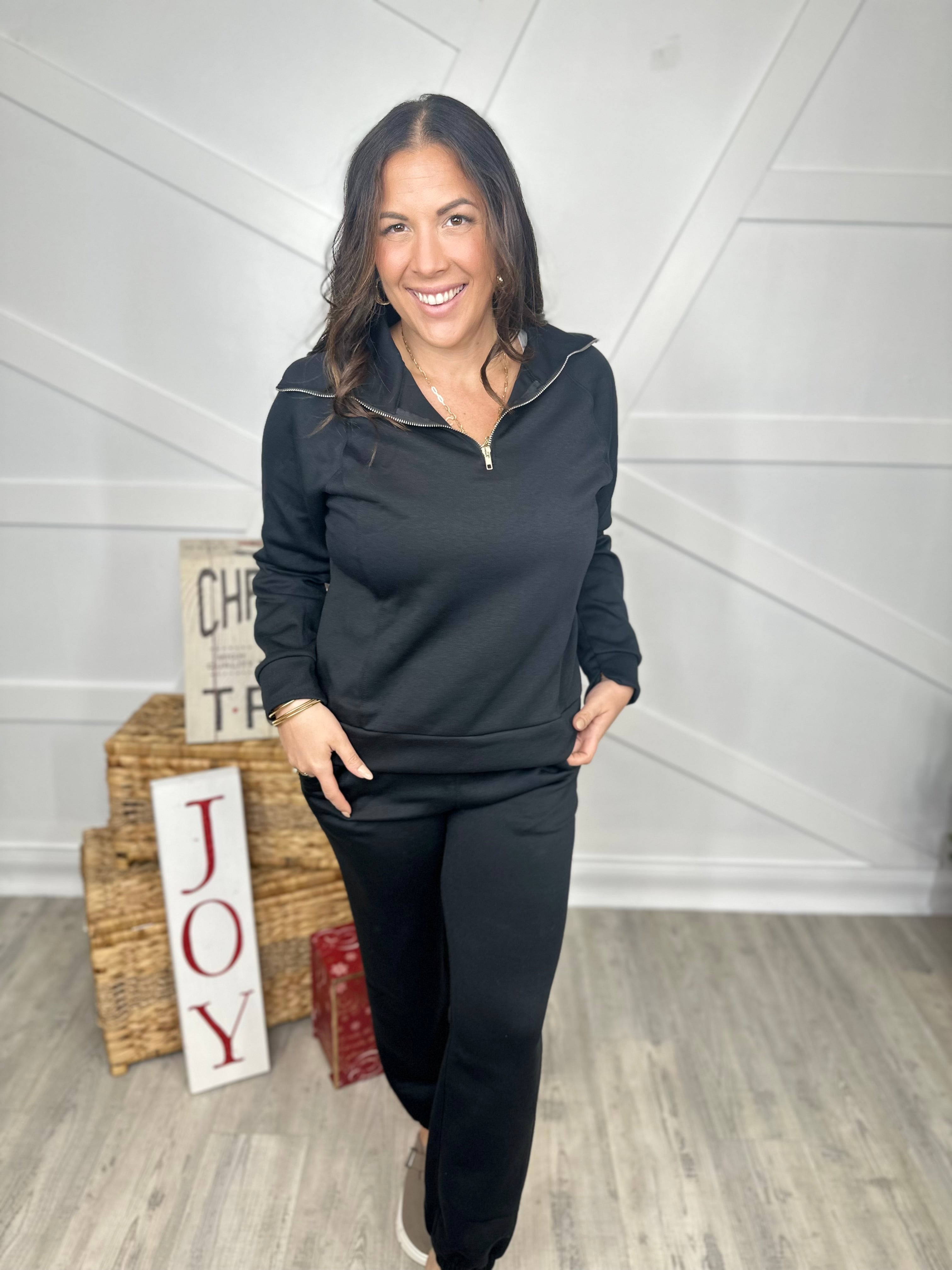 Hamptons Quarter Zip Pullover - Black-120 Long Sleeve Tops-DEAR SCARLETT-Heathered Boho Boutique, Women's Fashion and Accessories in Palmetto, FL