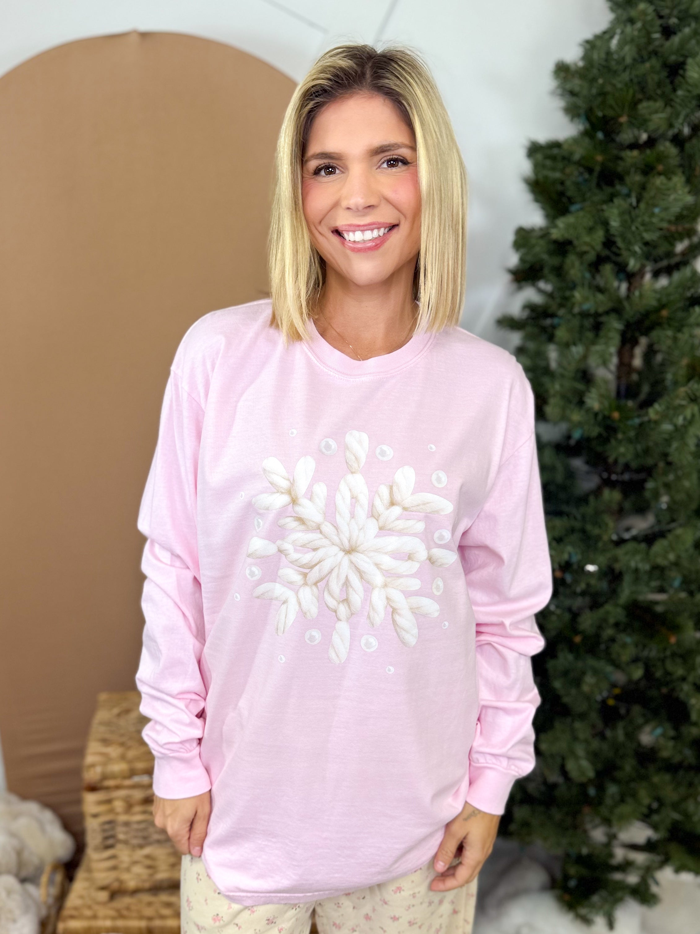 Yarned Snowflake Graphic Long Sleeve-Blossom-125 Sweater-Heathered Boho-Heathered Boho Boutique, Women's Fashion and Accessories in Palmetto, FL