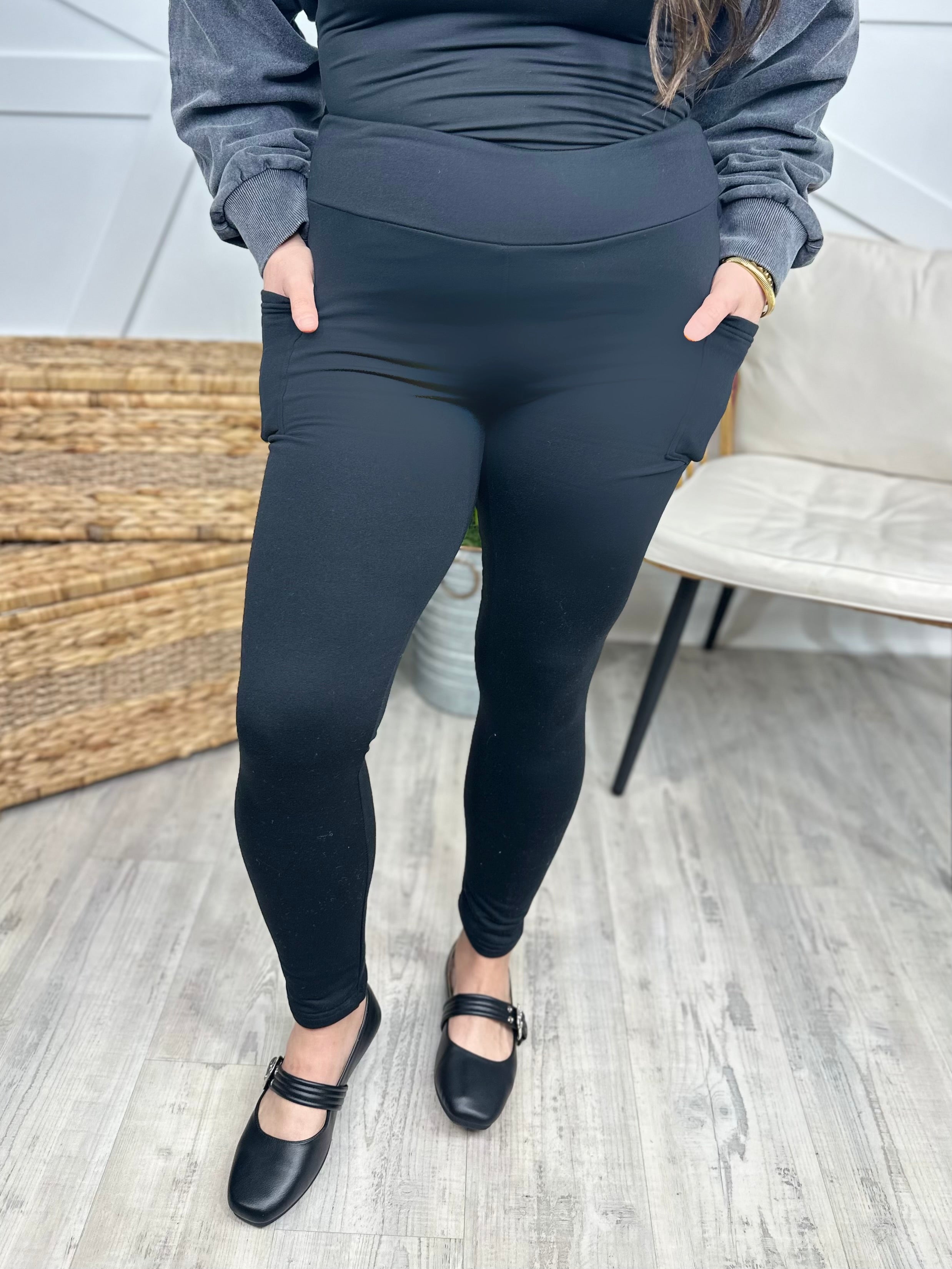 RESTOCK: Black FLEECE Full Length Leggings with Pockets-180 LEGGINGS-JuliaRoseWholesale-Heathered Boho Boutique, Women's Fashion and Accessories in Palmetto, FL