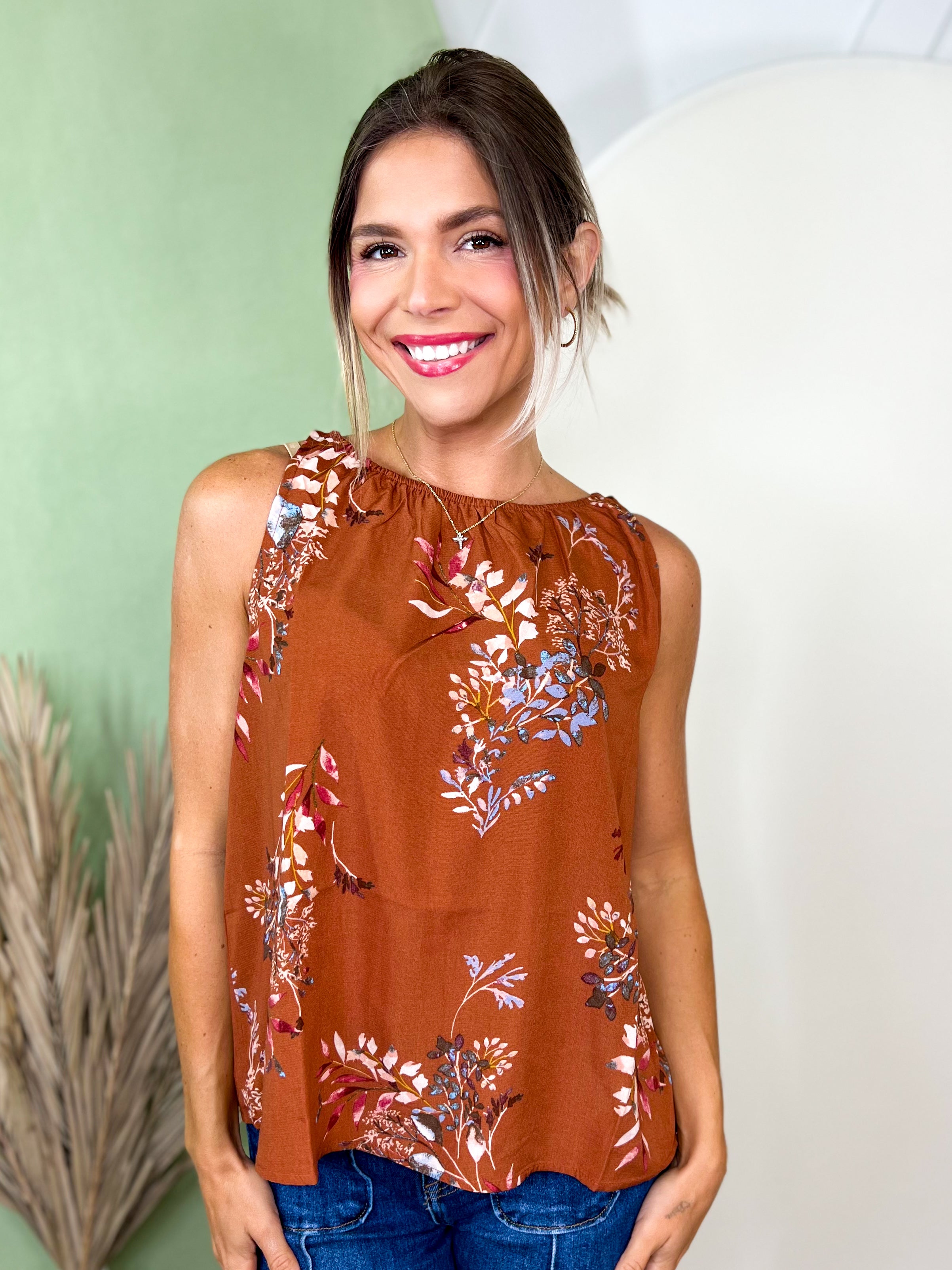 Floral High-Neck Sleeveless Top-100 TANK/CROP TOPS-TIMING-Heathered Boho Boutique, Women's Fashion and Accessories in Palmetto, FL