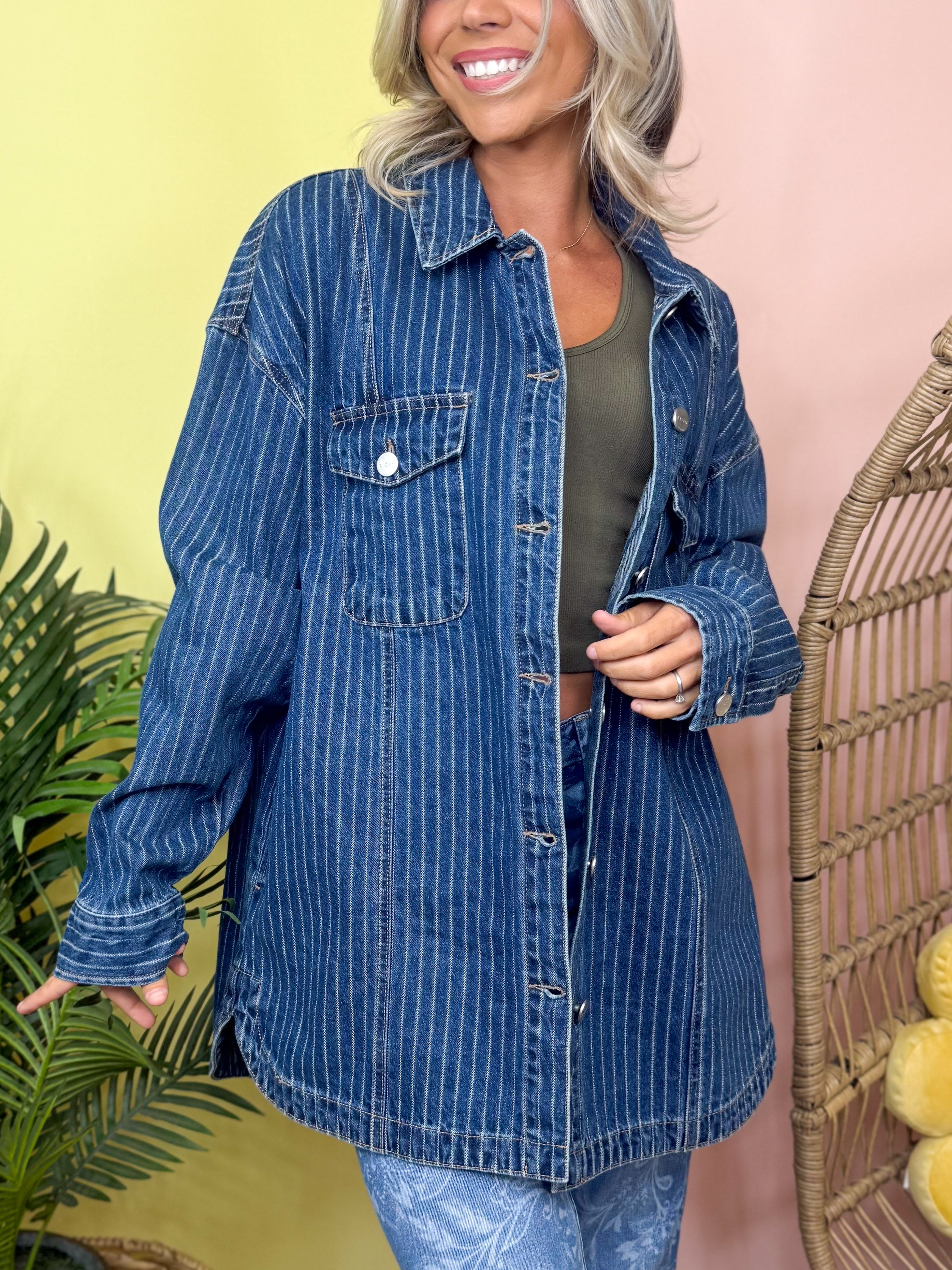 Railway Stripe Shacket-200 JACKETS/SHACKETS-RISEN-Heathered Boho Boutique, Women's Fashion and Accessories in Palmetto, FL