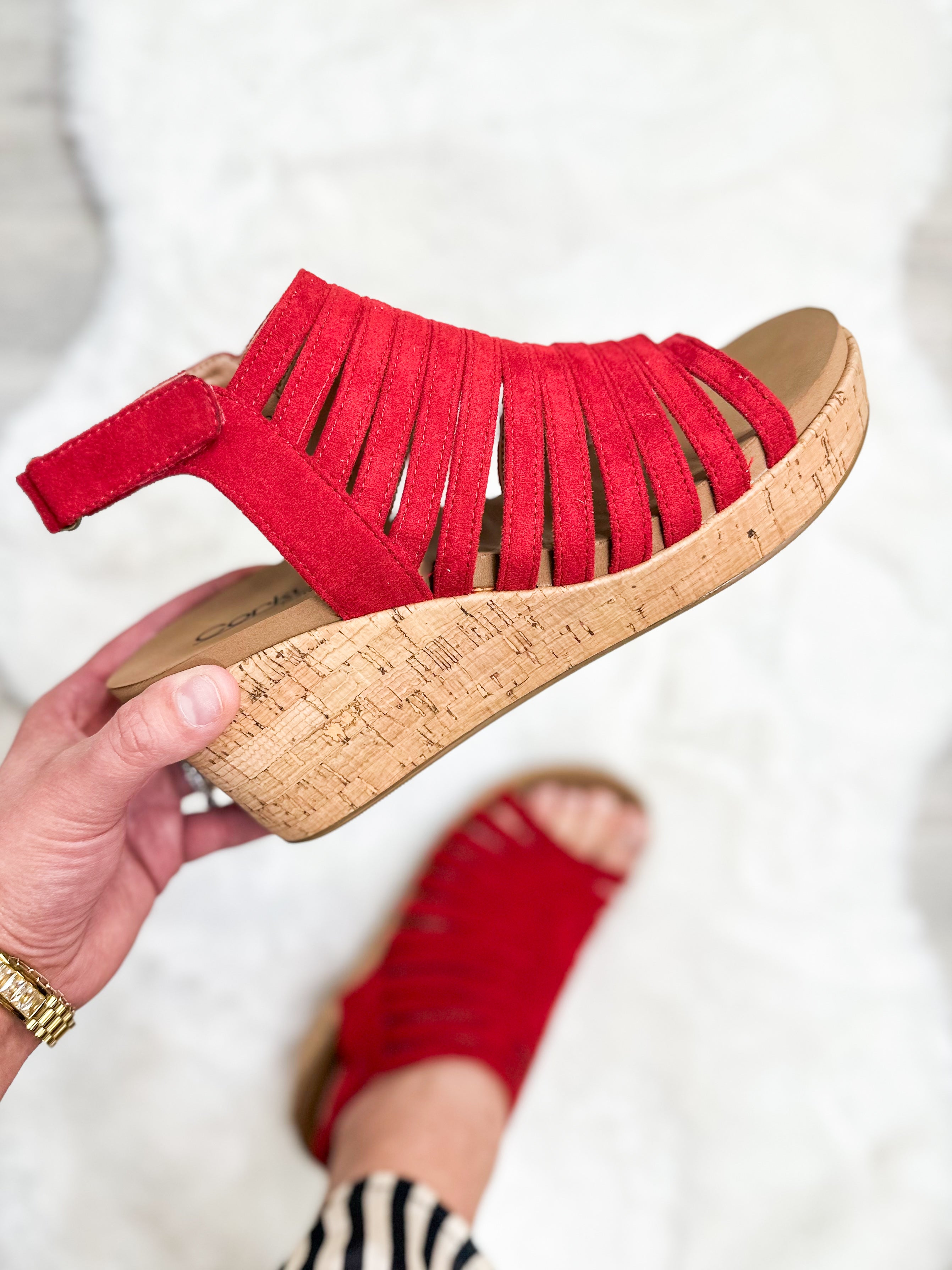 Oopsie Daisey Wedges - Dark Red Faux Suede-350 Shoes-Corkys-Heathered Boho Boutique, Women's Fashion and Accessories in Palmetto, FL