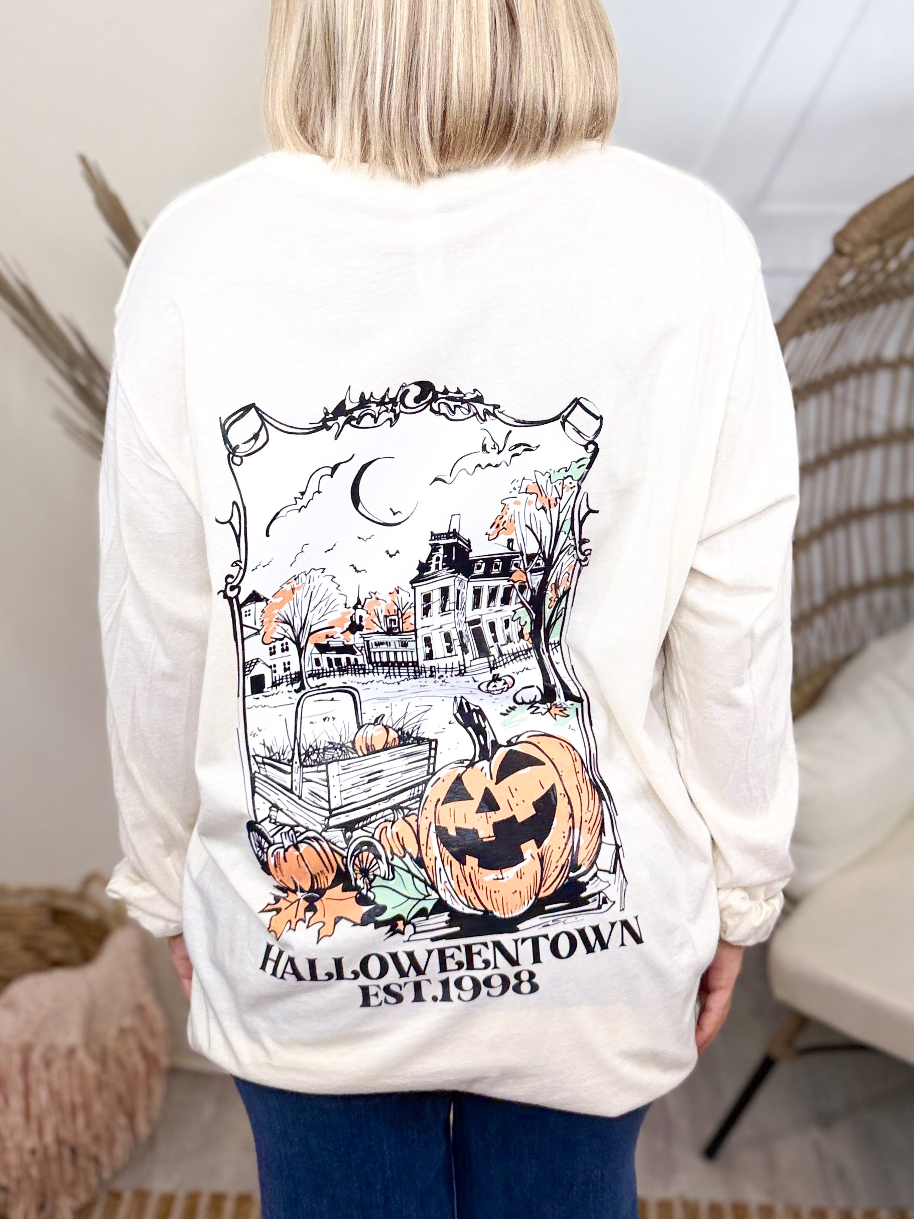 Halloweentown w/ Pocket Graphic Long Sleeve-130 Graphic Tees-Heathered Boho-Heathered Boho Boutique, Women's Fashion and Accessories in Palmetto, FL