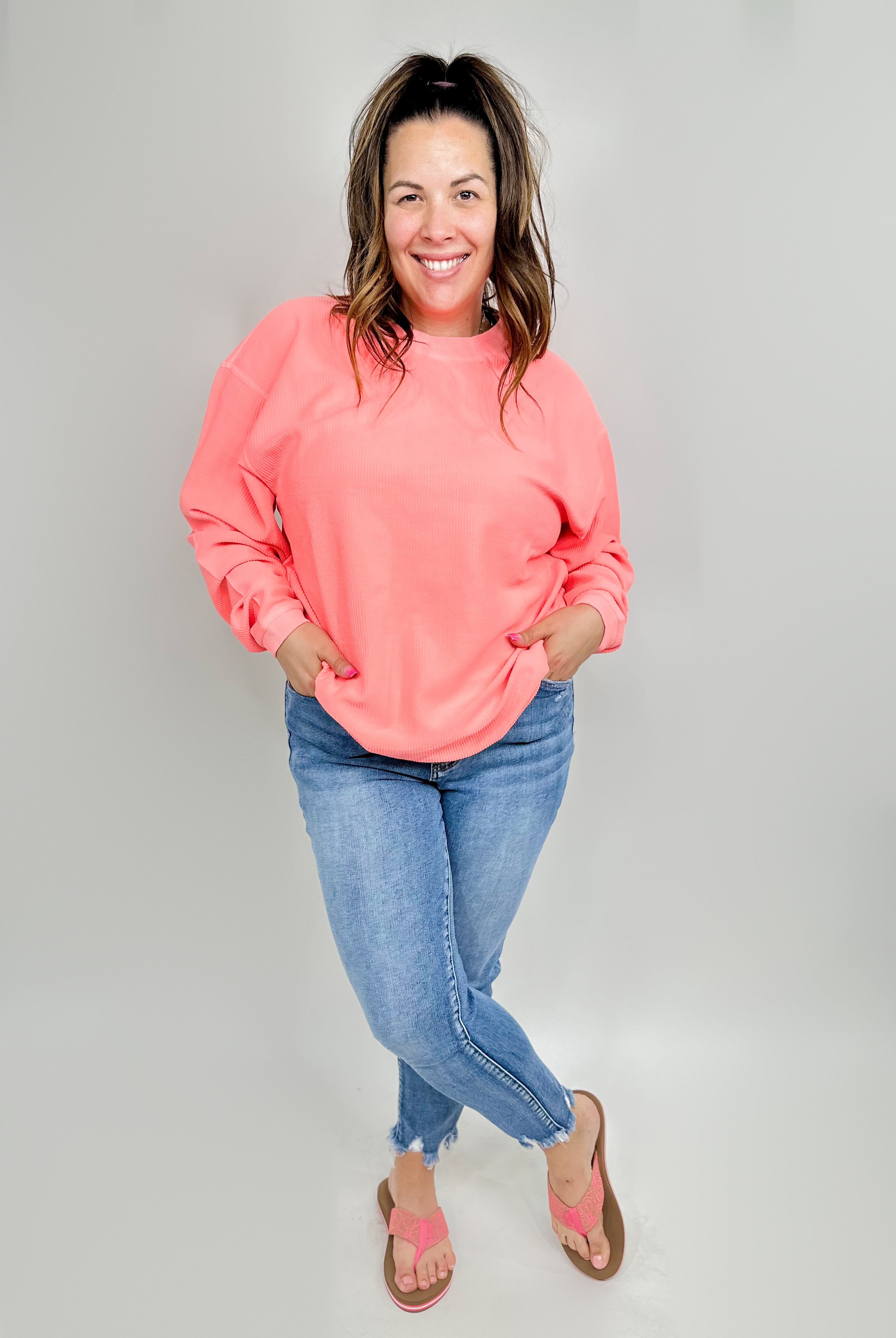 Neon Coral Essential Luxe Crew Sweatshirt-120 Long Sleeve Tops-Moon Ryder-Heathered Boho Boutique, Women's Fashion and Accessories in Palmetto, FL