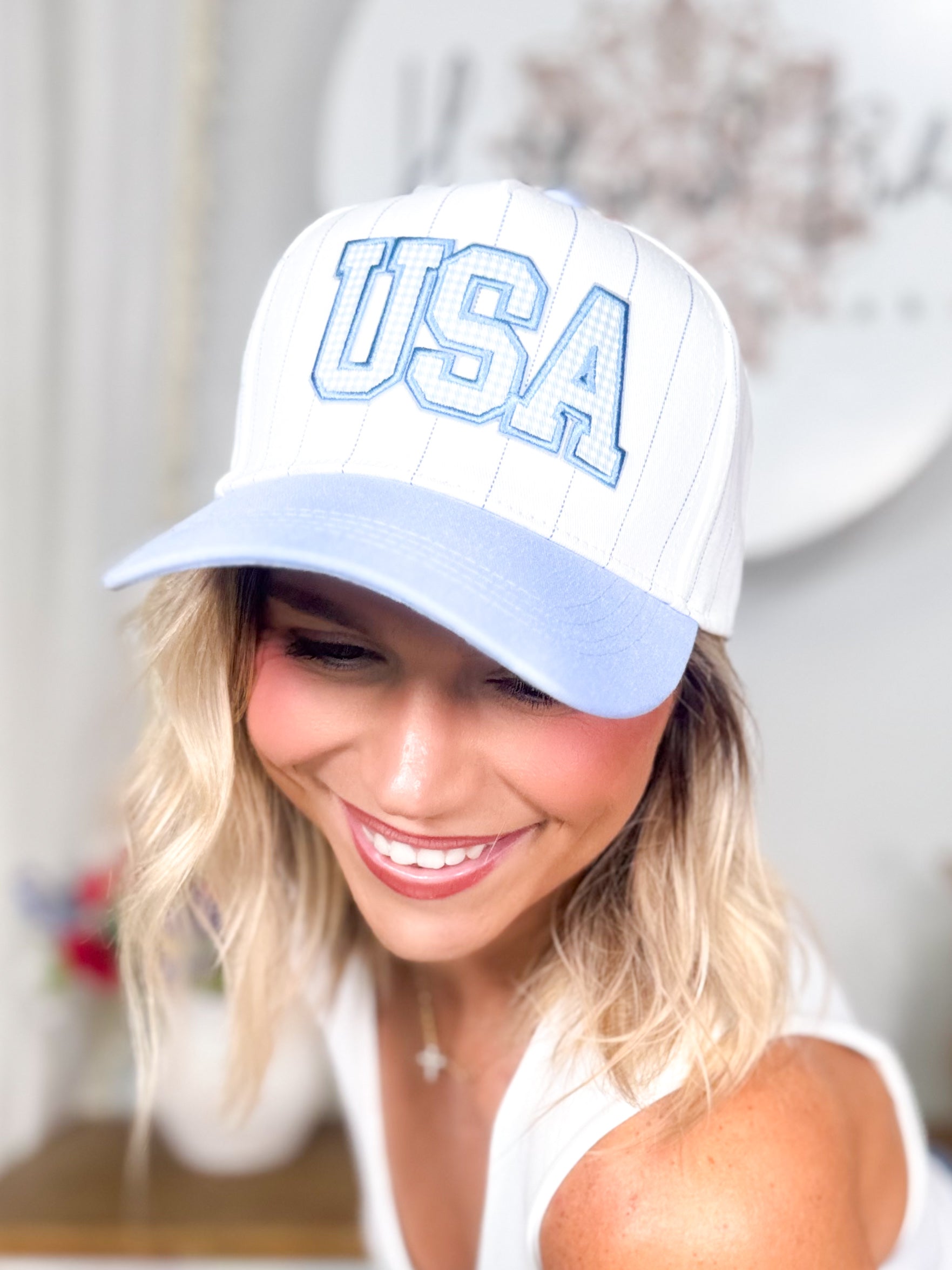 USA Pinstripe Trucker Hat-330 Headwear-Fashion City-Heathered Boho Boutique, Women's Fashion and Accessories in Palmetto, FL
