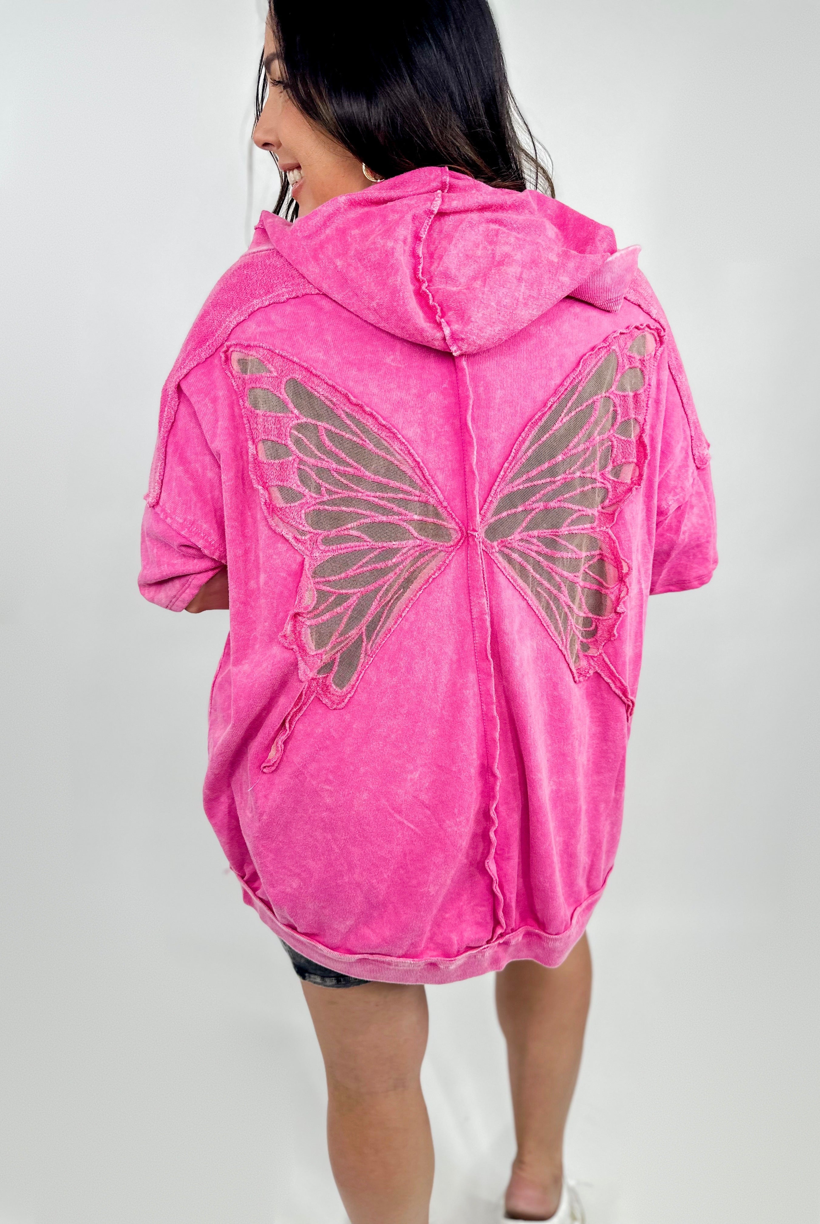 Mariposa Cardigan Hoodie - Hot Pink-210 Hoodies-J. Her-Heathered Boho Boutique, Women's Fashion and Accessories in Palmetto, FL