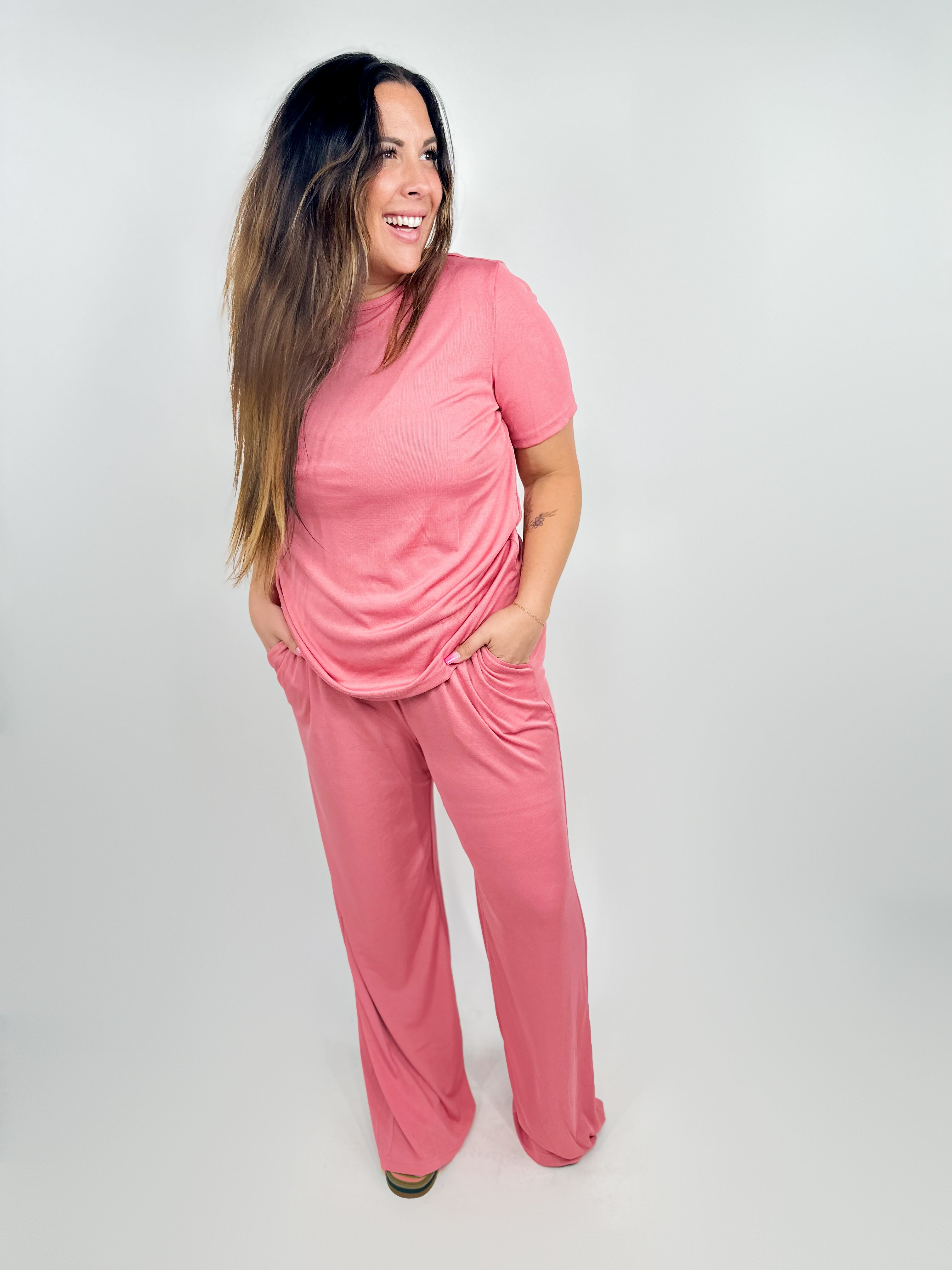 Eyes on Me Short Sleeve T-Shirt and Wide Leg Pants Set-240 Activewear/Sets-DOUBLE TAKE-Heathered Boho Boutique, Women's Fashion and Accessories in Palmetto, FL