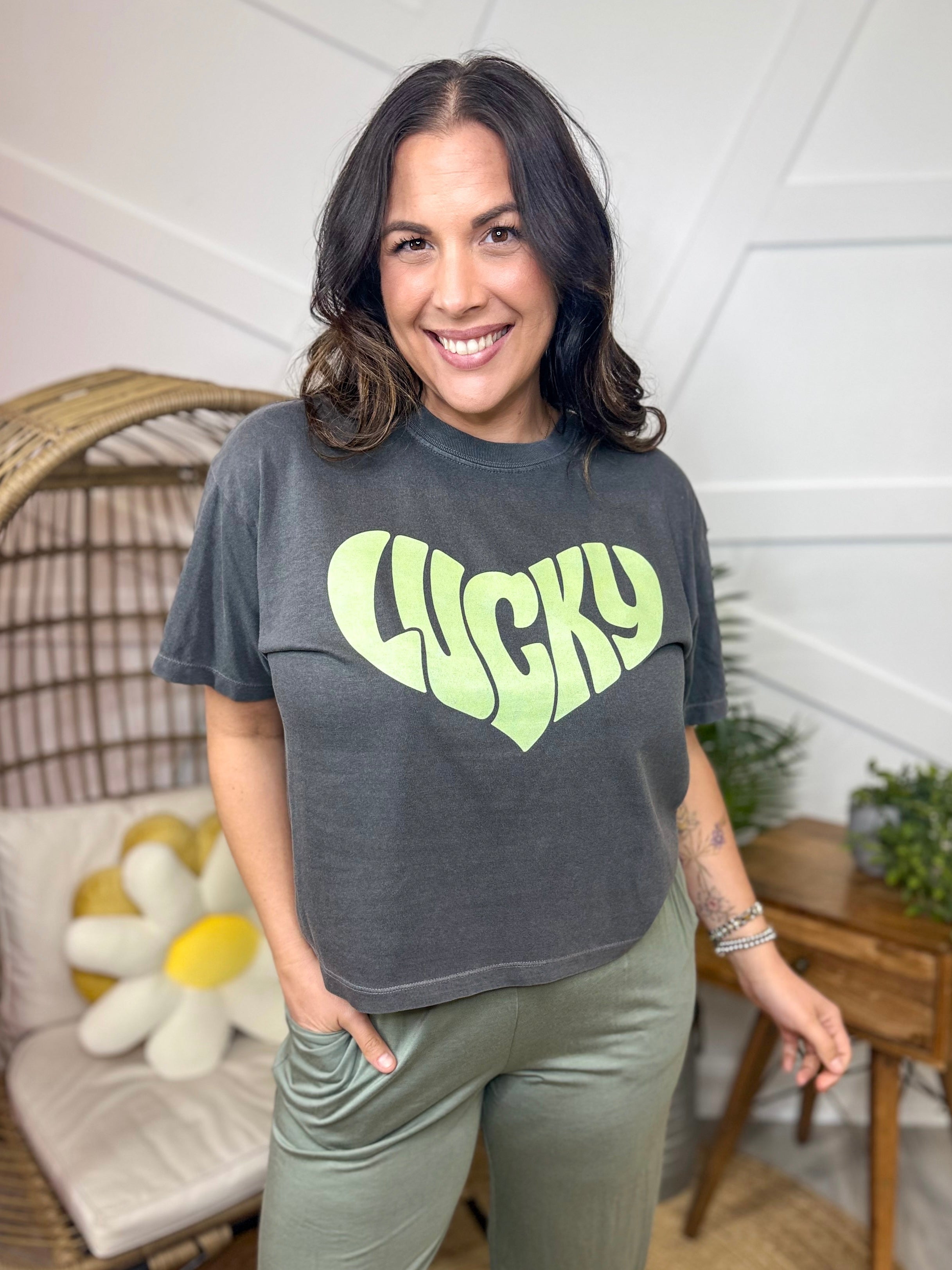 Heart Lucky Boxy Graphic Tee-130 Graphic Tees-Heathered Boho-Heathered Boho Boutique, Women's Fashion and Accessories in Palmetto, FL
