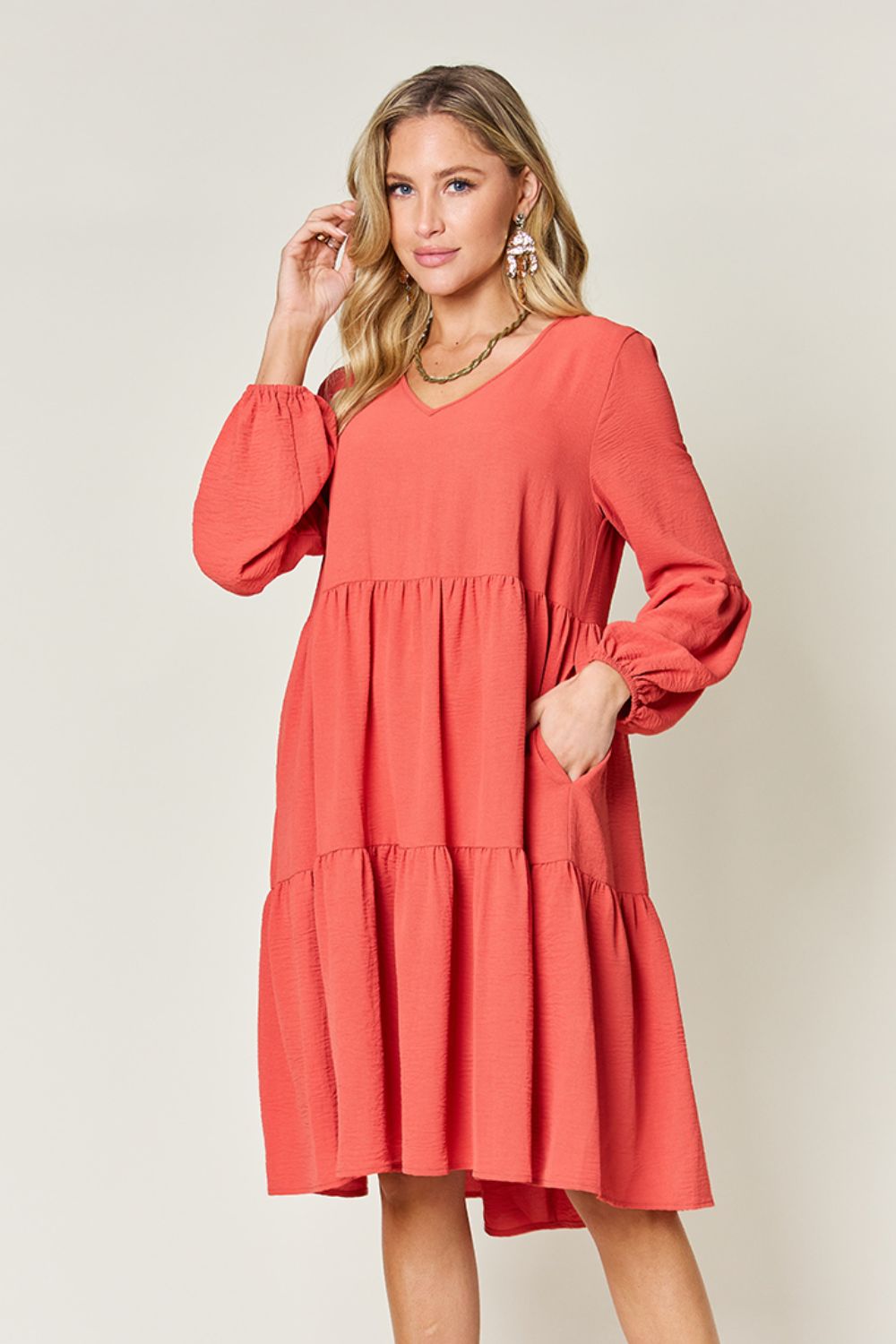 Double Take Full Size V-Neck Balloon Sleeve Tiered Dress-Dresses-Trendsi-Heathered Boho Boutique, Women's Fashion and Accessories in Palmetto, FL