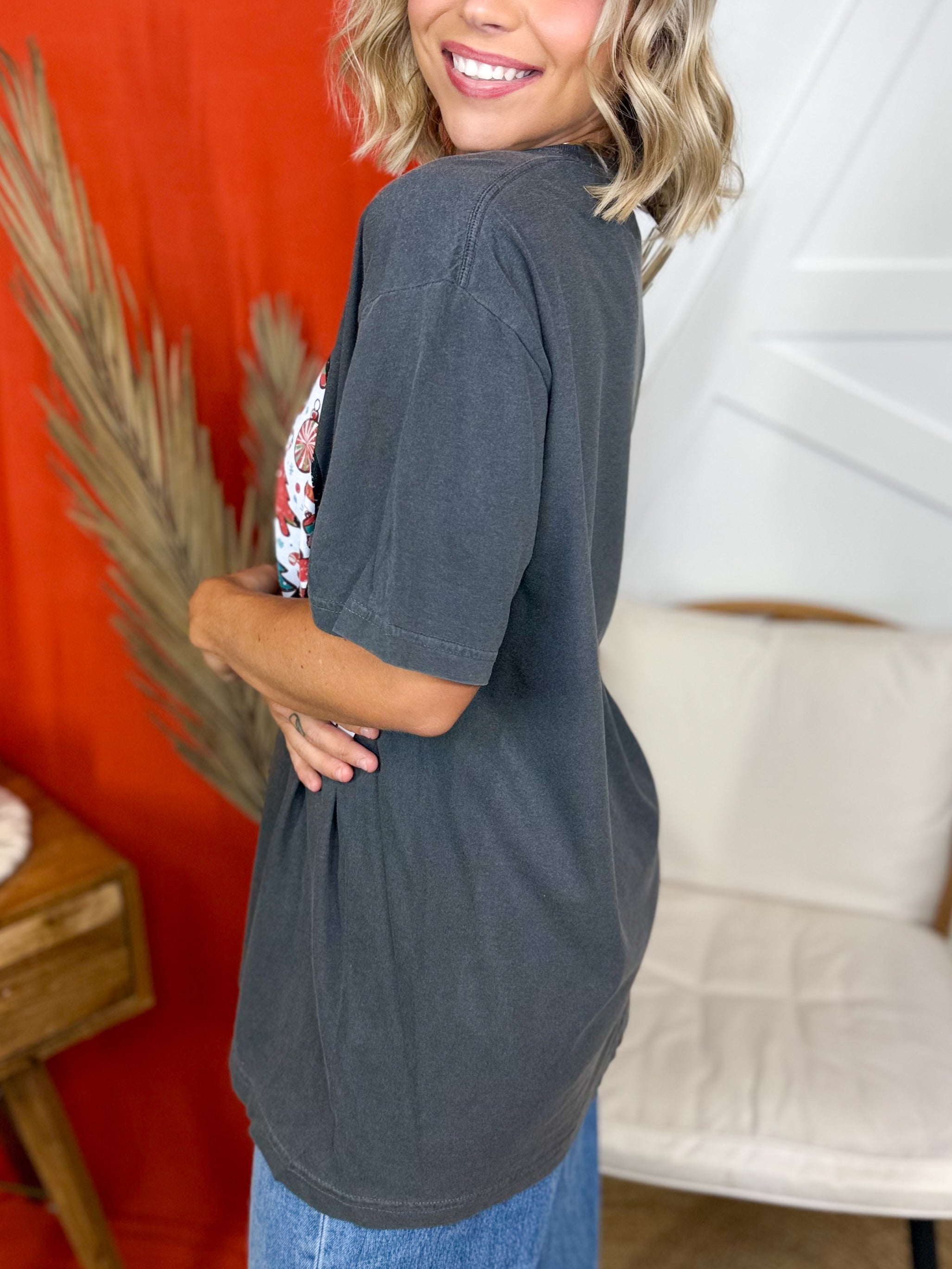 Christmas Smiley Face Graphic Tee-130 Graphic Tees-Heathered Boho-Heathered Boho Boutique, Women's Fashion and Accessories in Palmetto, FL