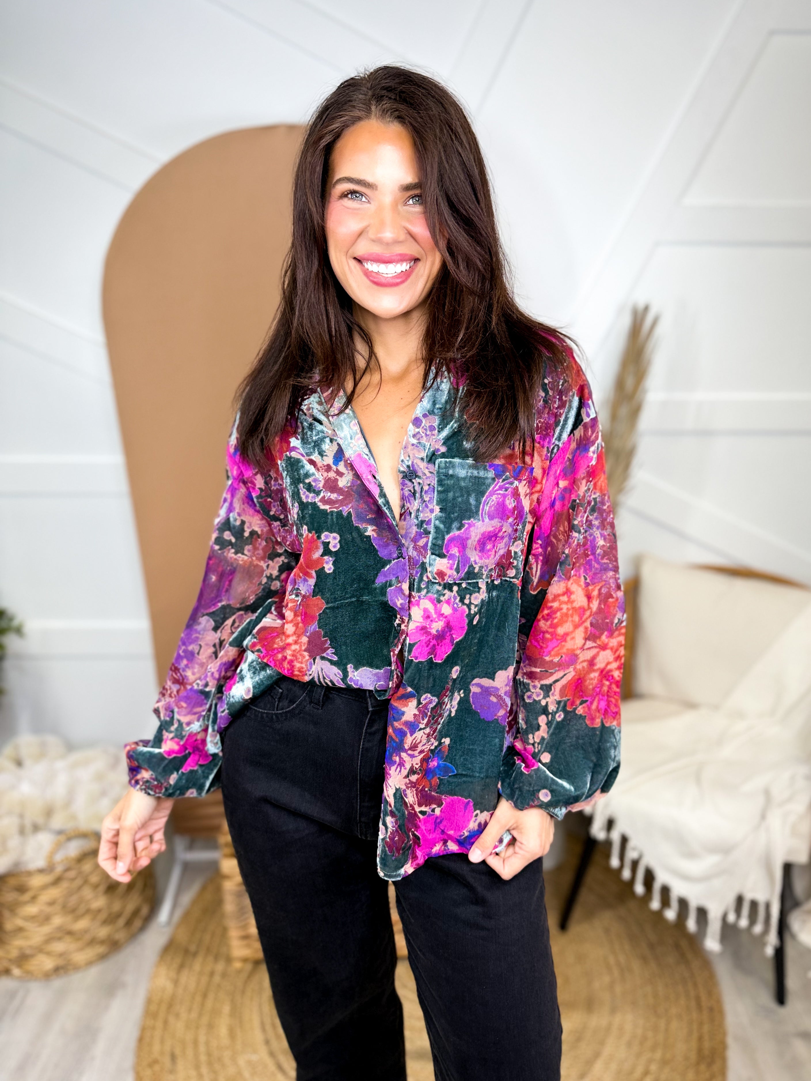 Royal Bloom Top-120 LONG SLEEVE TOPS-JODIFL-Heathered Boho Boutique, Women's Fashion and Accessories in Palmetto, FL