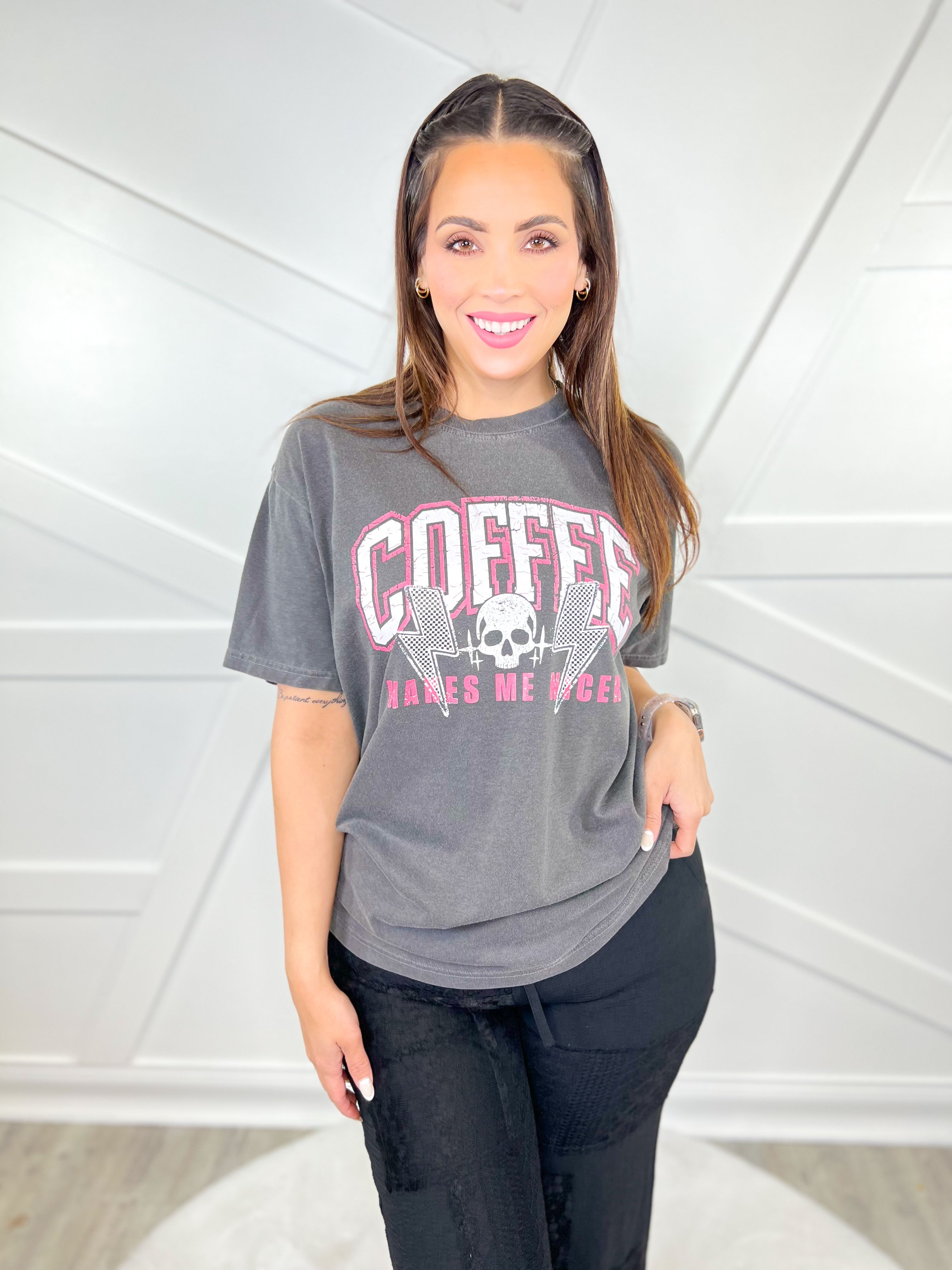 Coffee Makes Me Nicer - White Text-130 Graphic Tees-Heathered Boho-Heathered Boho Boutique, Women's Fashion and Accessories in Palmetto, FL