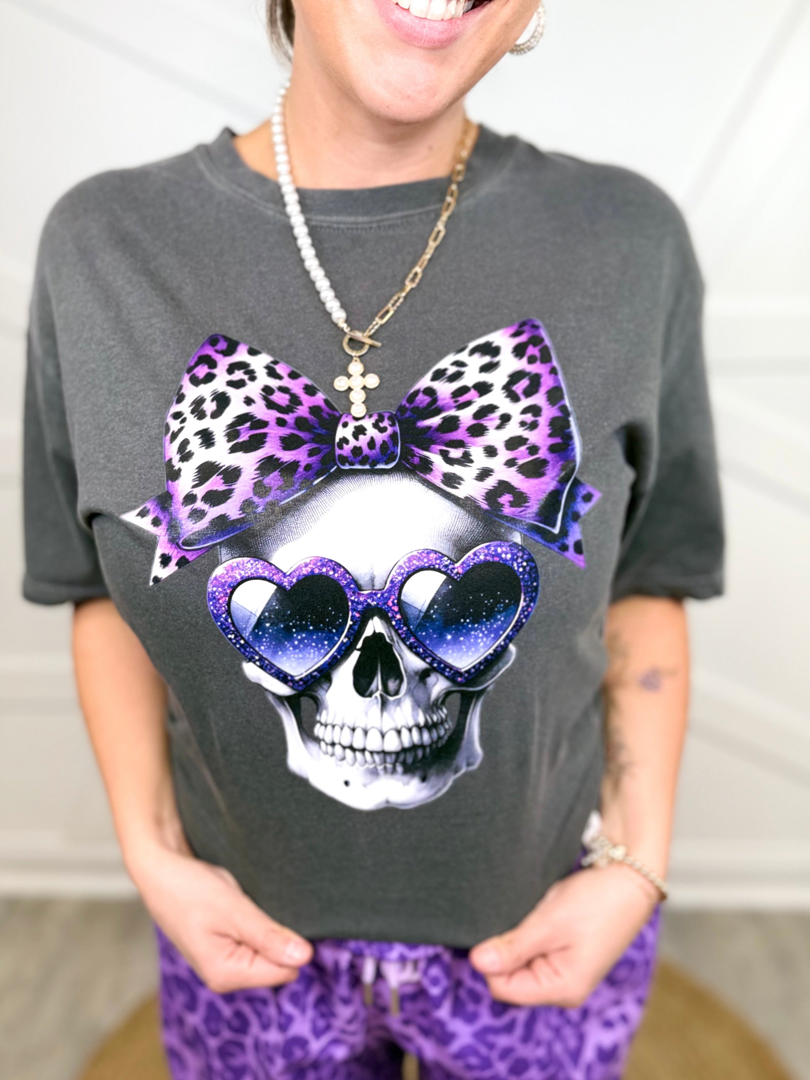 Purple Leopard Skull Graphic Tee-130 Graphic Tees-Heathered Boho-Heathered Boho Boutique, Women's Fashion and Accessories in Palmetto, FL