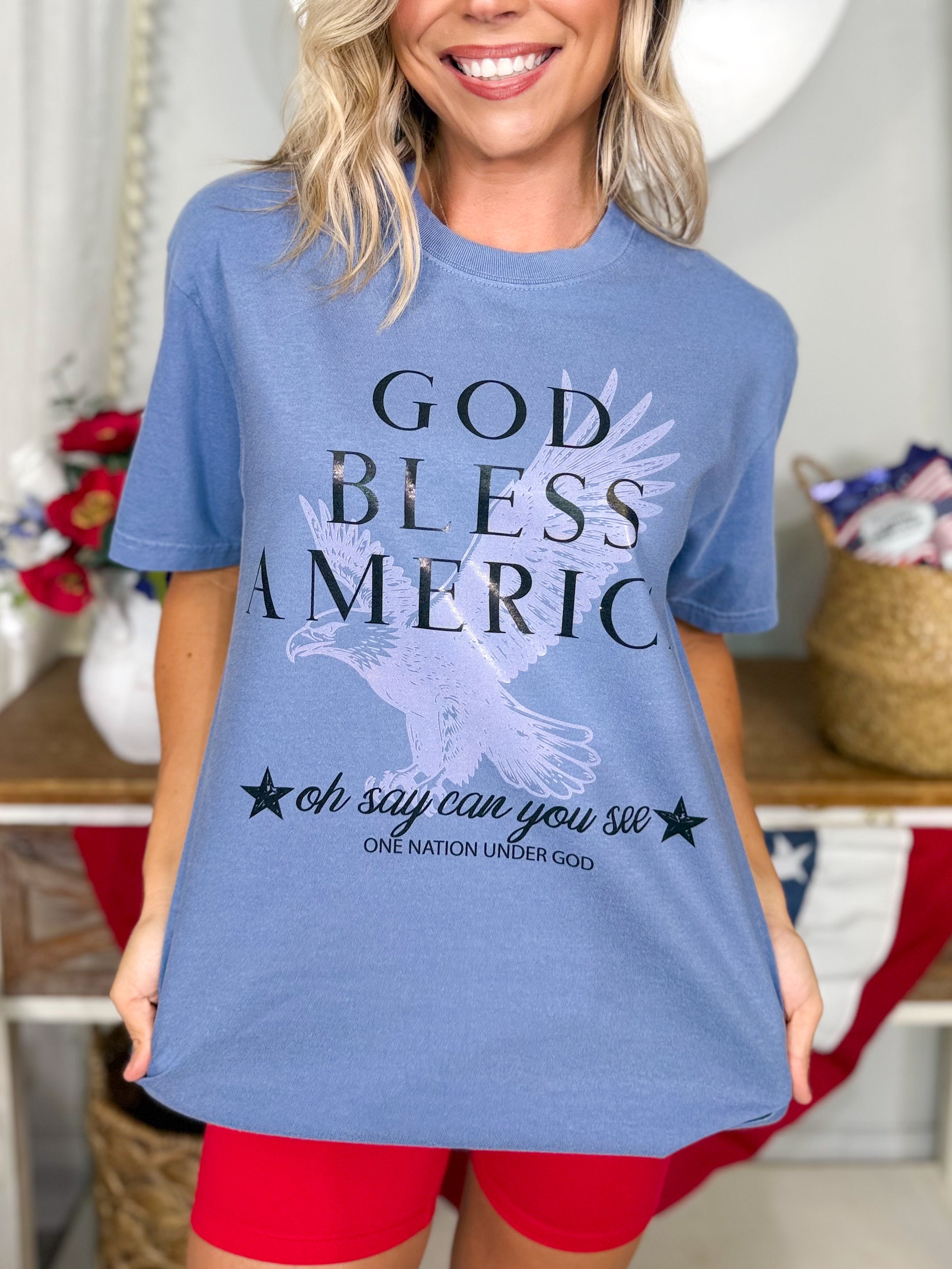 God Bless America Graphic Tee-130 Graphic Tees-Heathered Boho-Heathered Boho Boutique, Women's Fashion and Accessories in Palmetto, FL