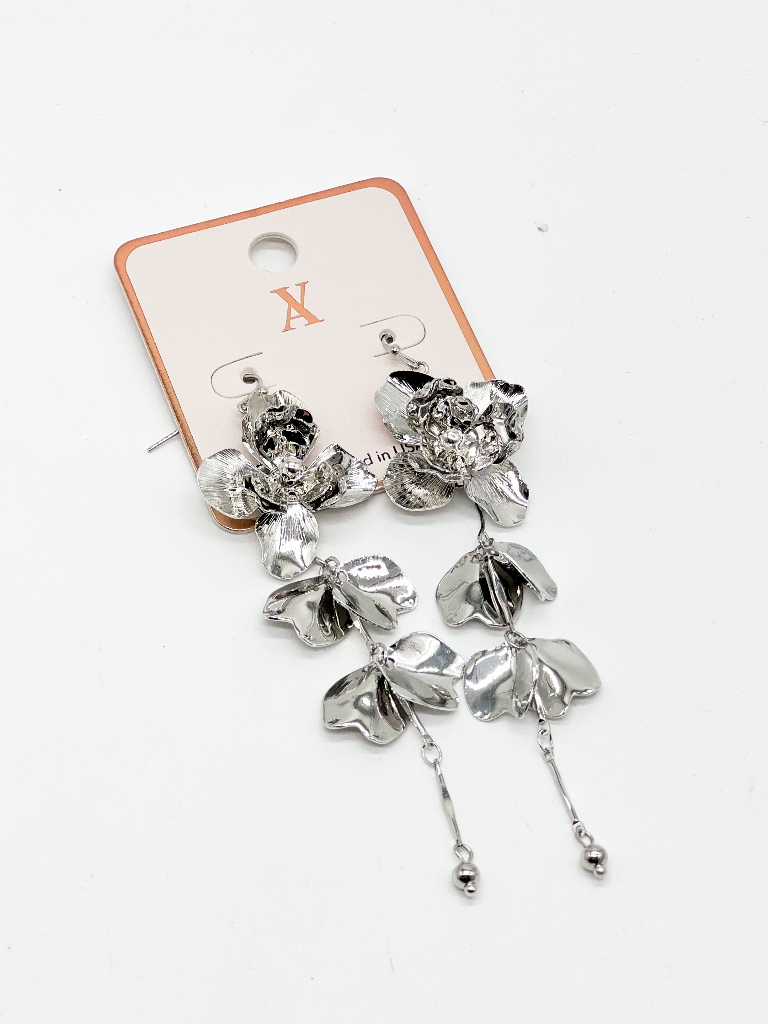 Metallic Flowers And Petals Chain Dangle Earrings-310 Jewelry-Fame Accessories-Heathered Boho Boutique, Women's Fashion and Accessories in Palmetto, FL