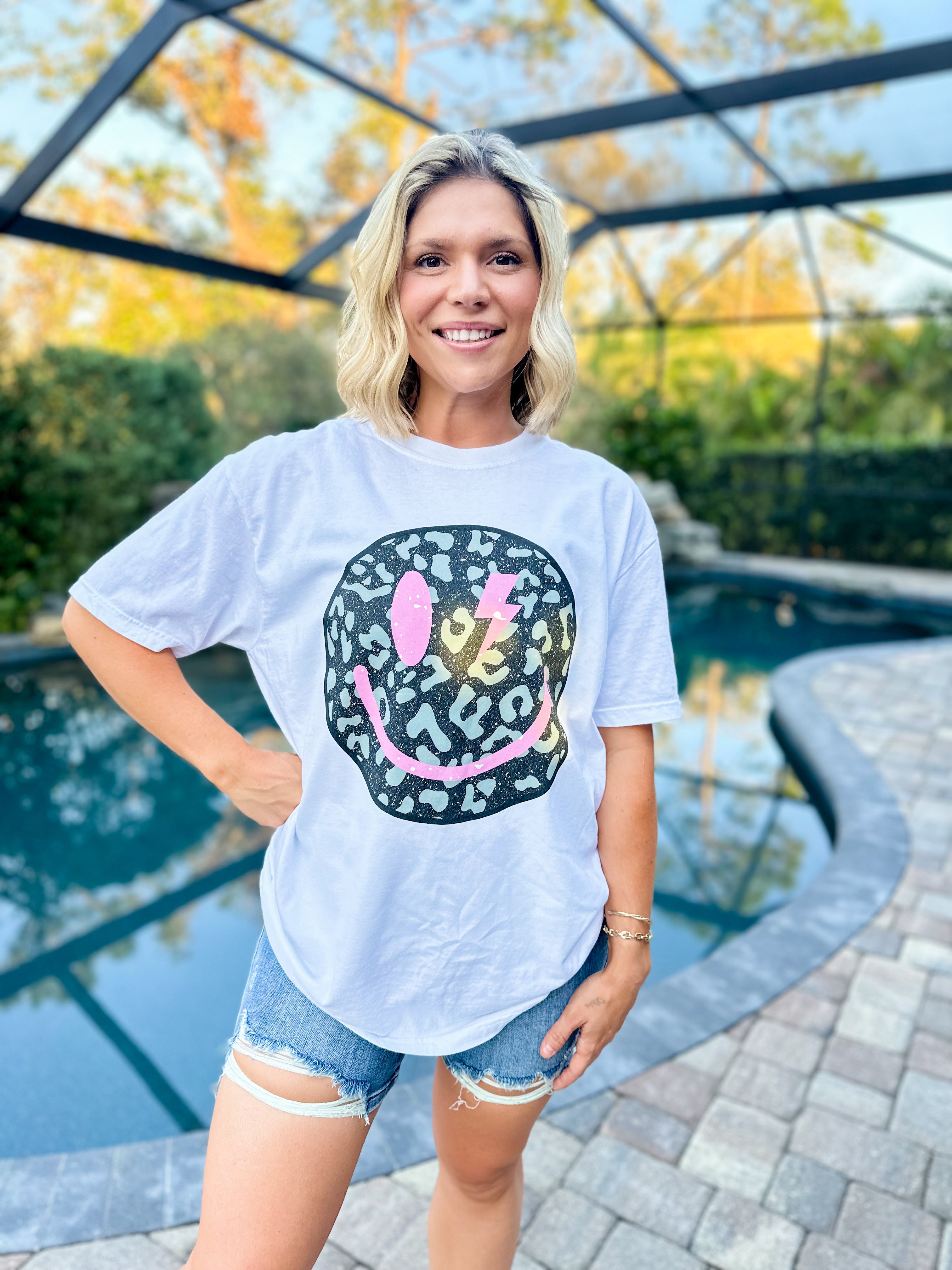 Black Leopard Smiley Face Graphic Tee-130 Graphic Tees-Heathered Boho-Heathered Boho Boutique, Women's Fashion and Accessories in Palmetto, FL