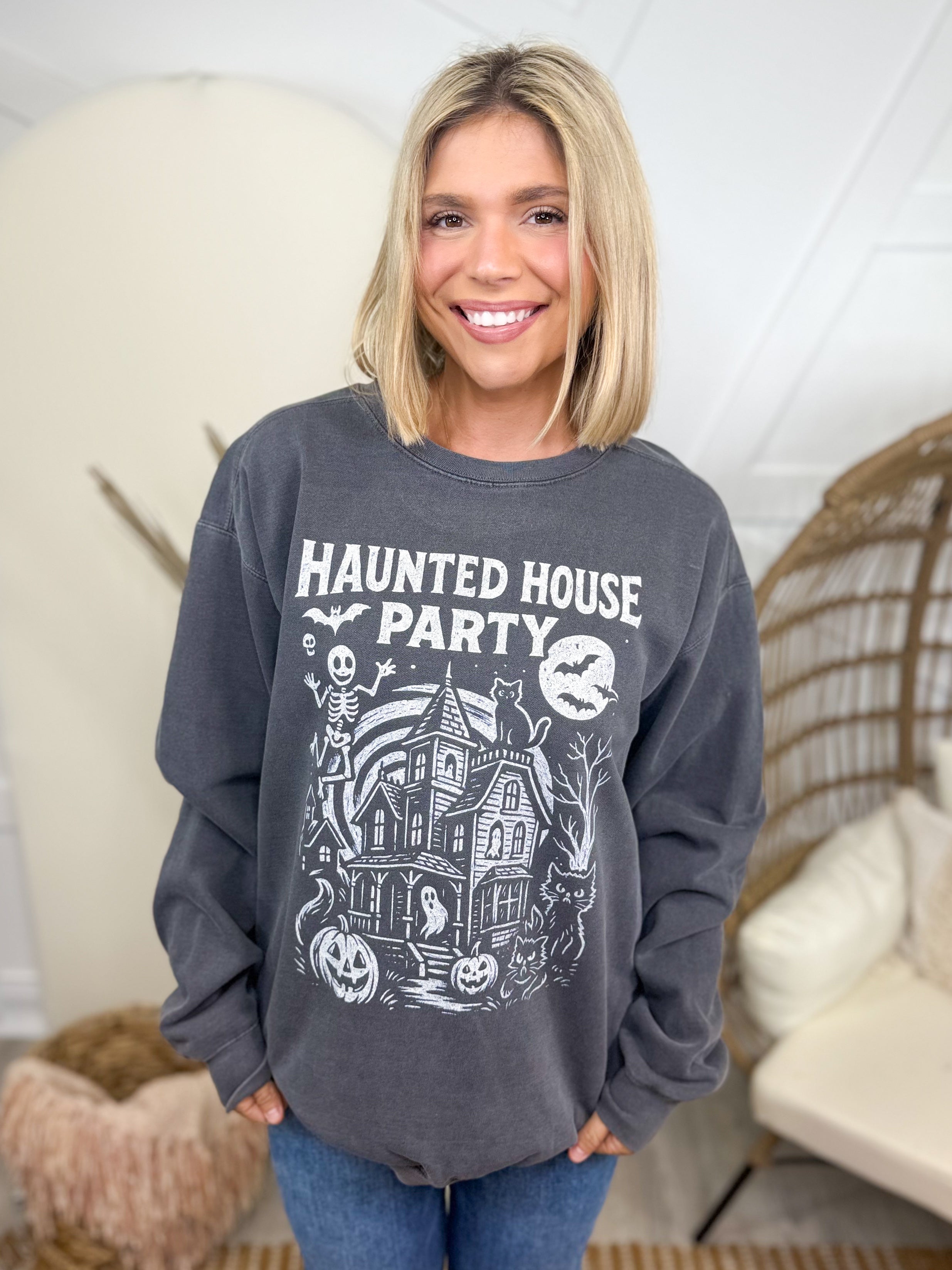 Haunted House Party Graphic Sweatshirt-130 Graphic Tees-Heathered Boho-Heathered Boho Boutique, Women's Fashion and Accessories in Palmetto, FL