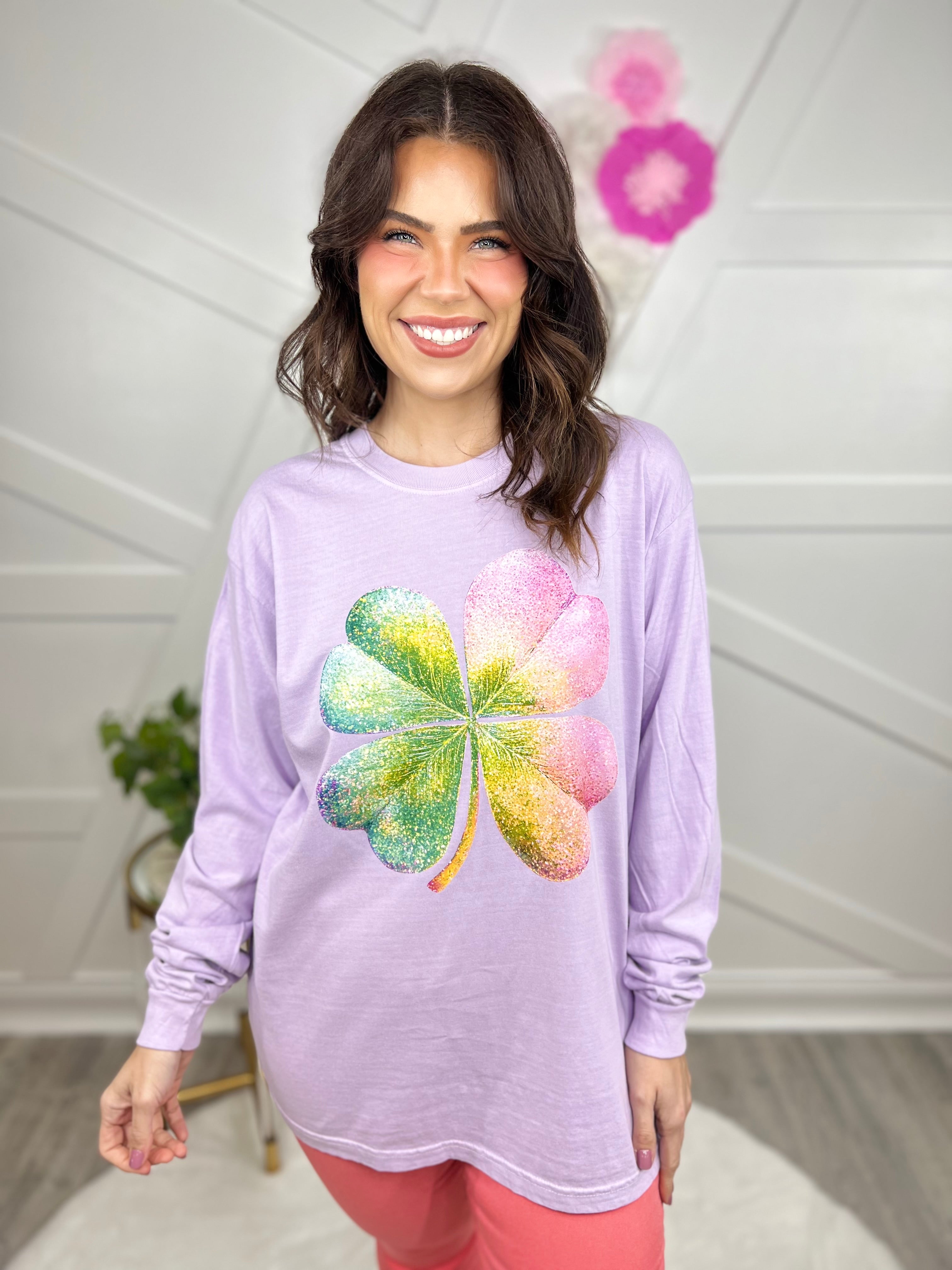 Glitter Shamrock Graphic Long Sleeve - Orchid-130 Graphic Tees-Heathered Boho-Heathered Boho Boutique, Women's Fashion and Accessories in Palmetto, FL