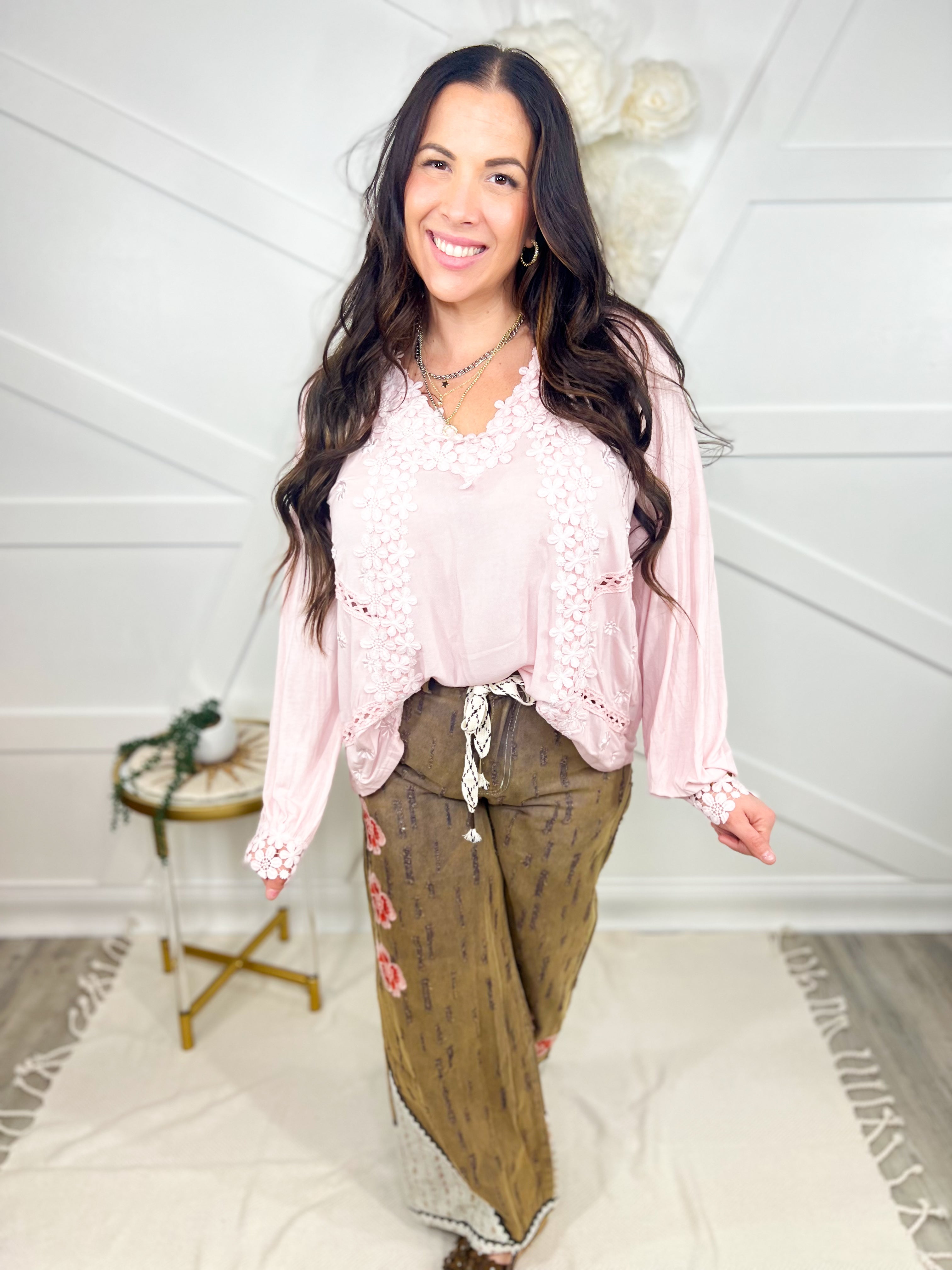 RESTOCK : Flowerets Long Sleeve Top-120 Long Sleeve Tops-Pol-Heathered Boho Boutique, Women's Fashion and Accessories in Palmetto, FL