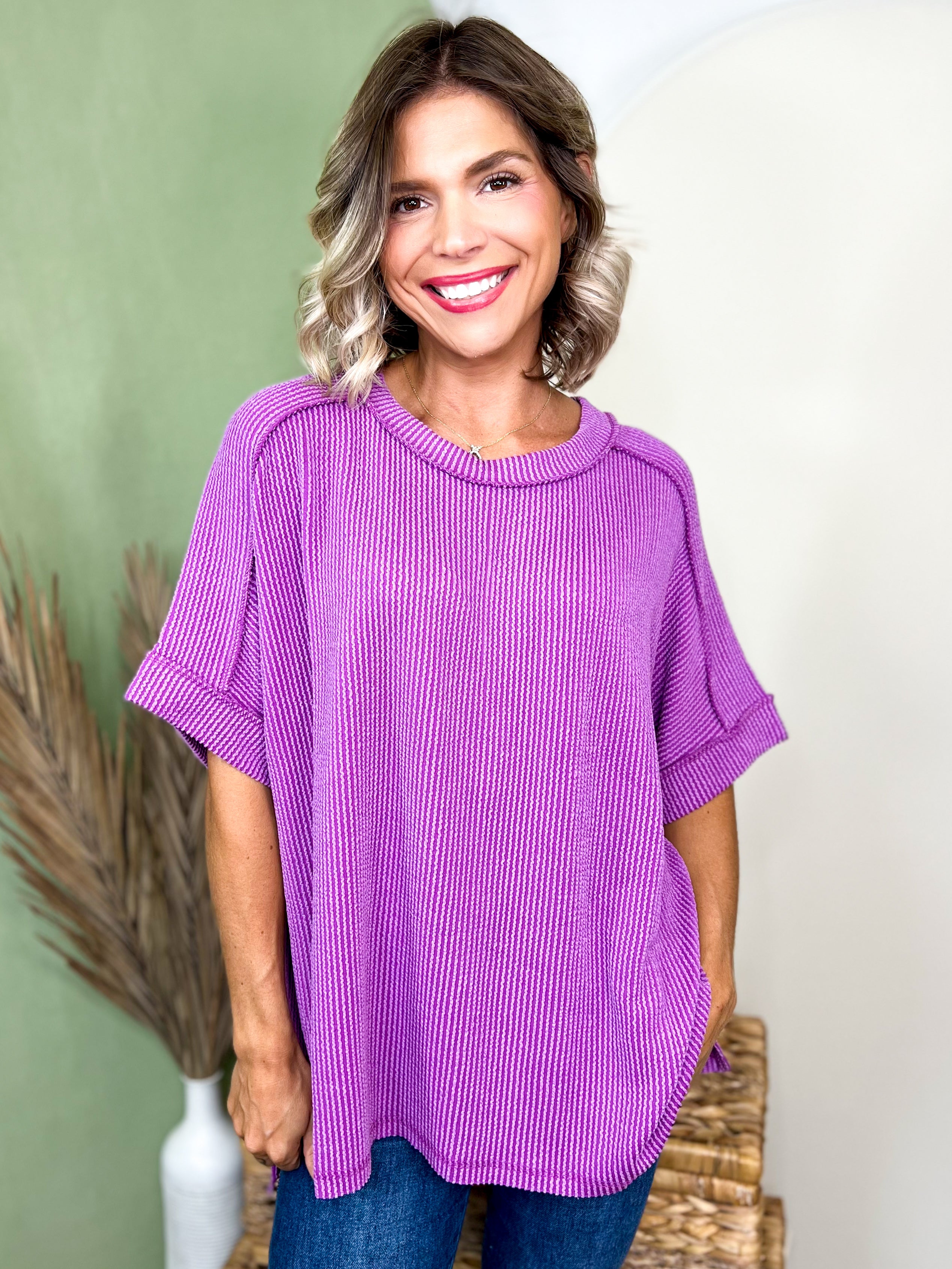 Simply Unfinished Ribbed Top-110 SHORT SLEEVE TOP-ZENANA-Heathered Boho Boutique, Women's Fashion and Accessories in Palmetto, FL