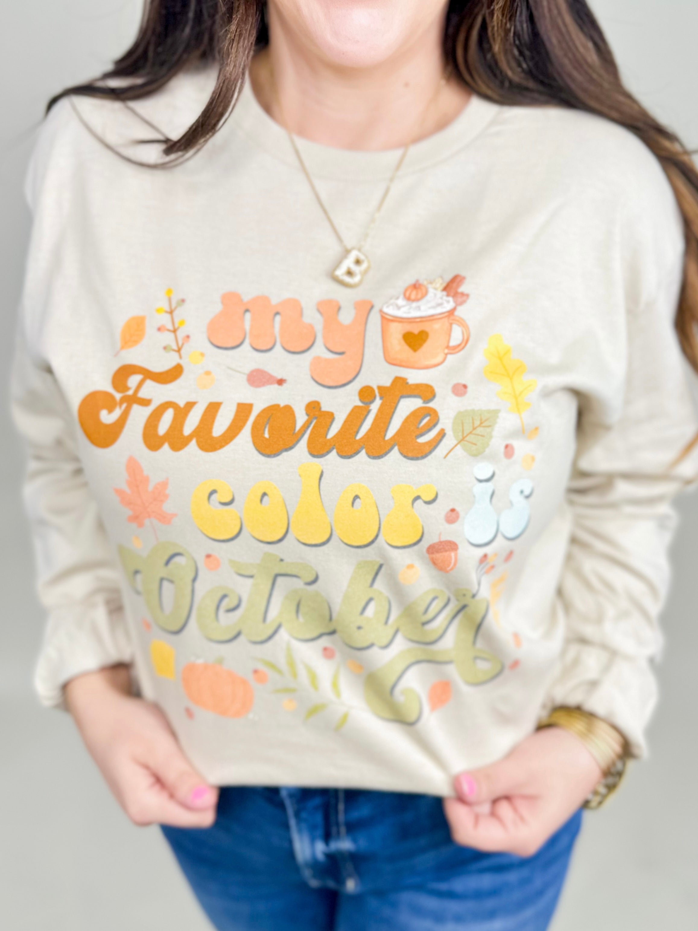 My Favorite Color is October Graphic Long Sleeve-120 Long Sleeve Tops-Heathered Boho-Heathered Boho Boutique, Women's Fashion and Accessories in Palmetto, FL